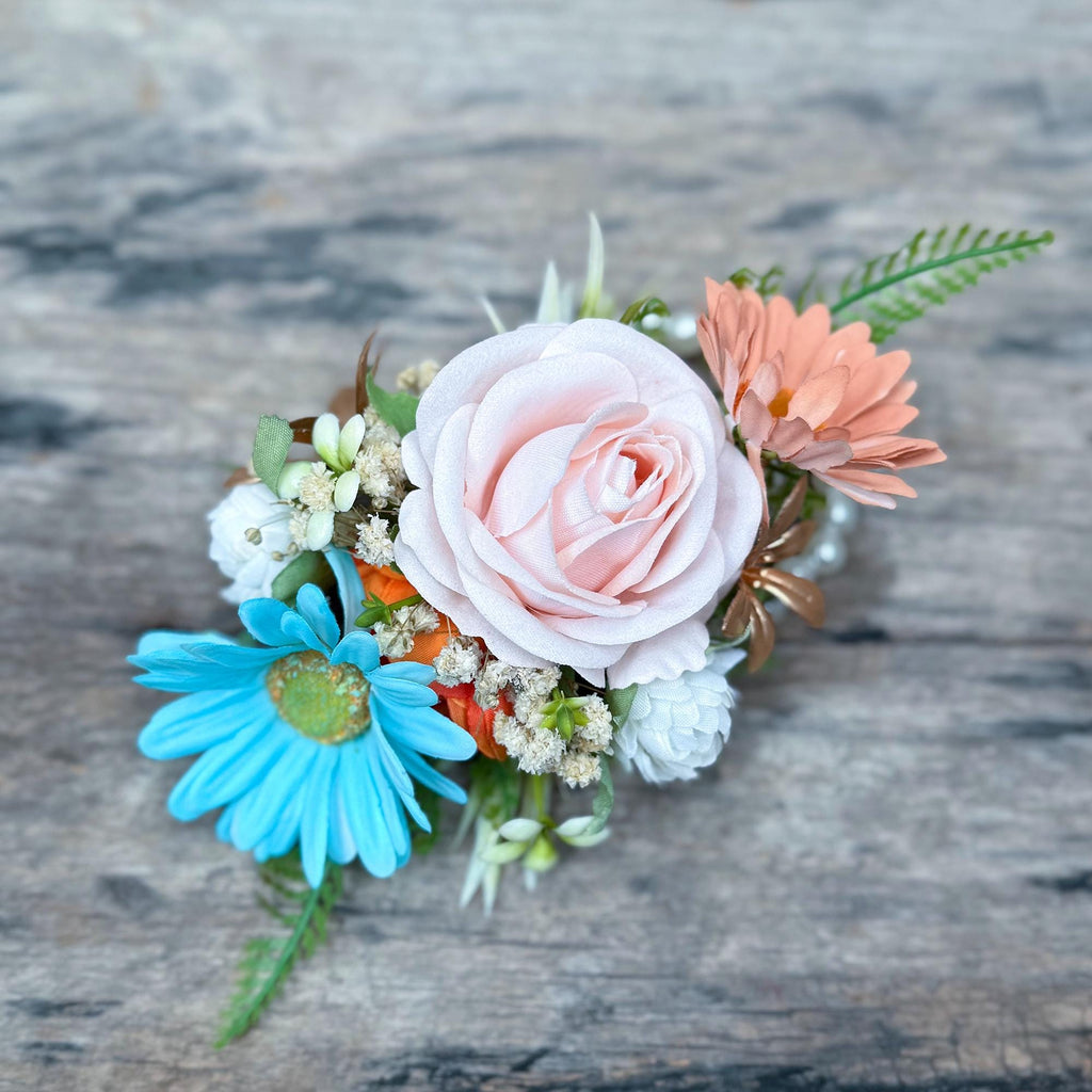 Pale Turquoise & Cappuccino Wrist Corsage – Robin’s Egg Blue Silk Rose Baby’s Breath Bracelet, Boho Prom Daisy Corsage Blue,Wedding Wristlet