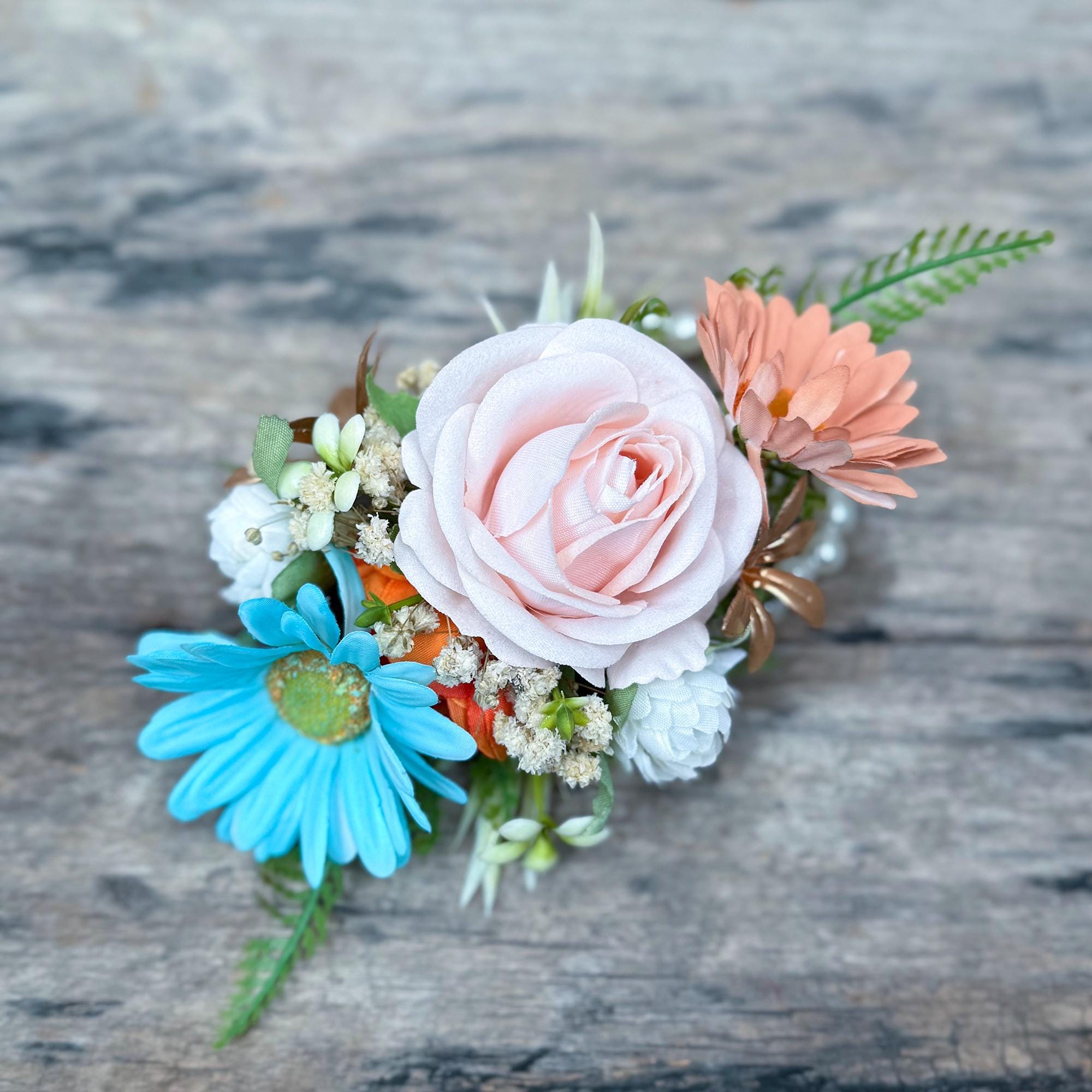 Pale Turquoise & Cappuccino Wrist Corsage – Robin’s Egg Blue Silk Rose Baby’s Breath Bracelet, Boho Prom Daisy Corsage Blue,Wedding Wristlet