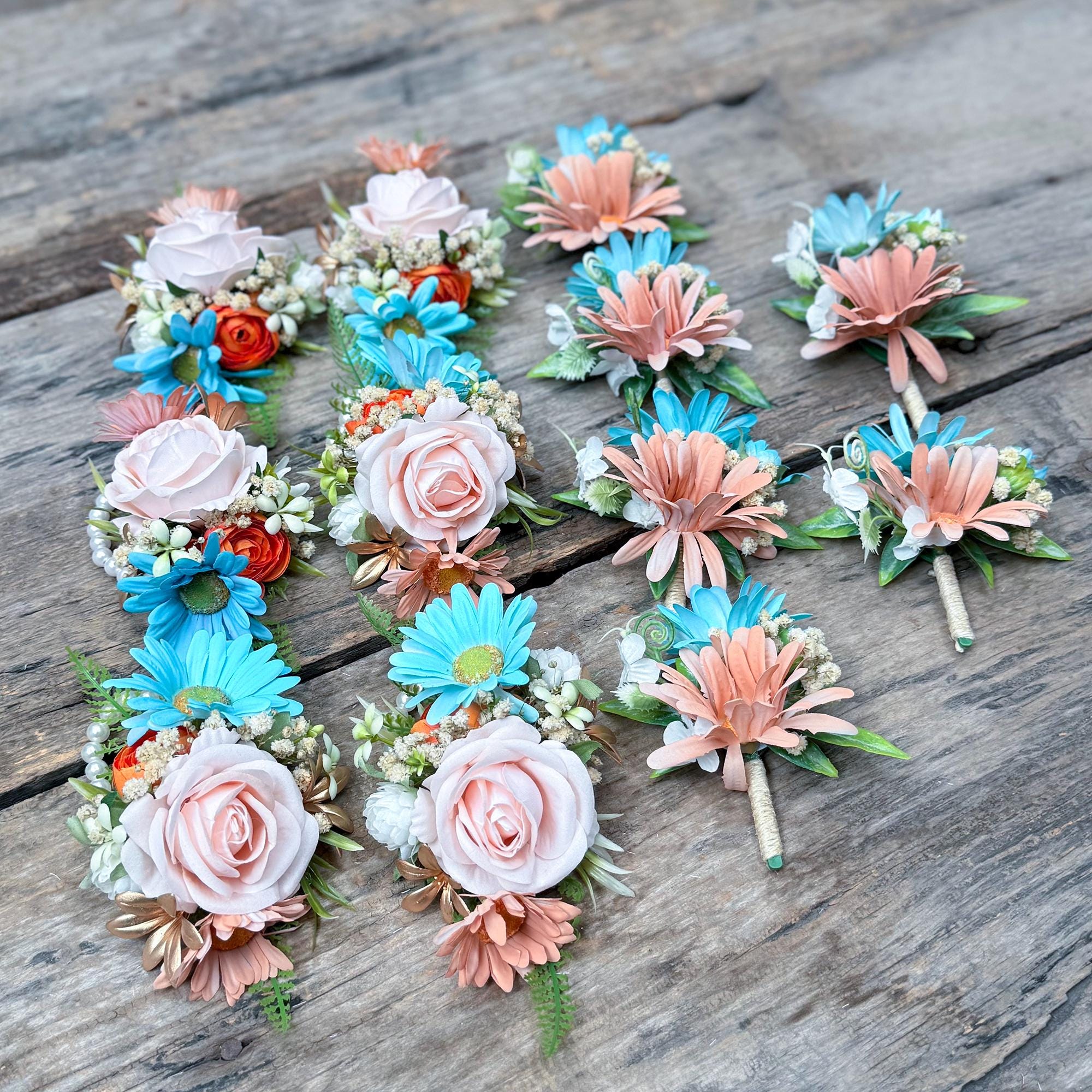 Pale Turquoise & Cappuccino Wrist Corsage – Robin’s Egg Blue Silk Rose Baby’s Breath Bracelet, Boho Prom Daisy Corsage Blue,Wedding Wristlet