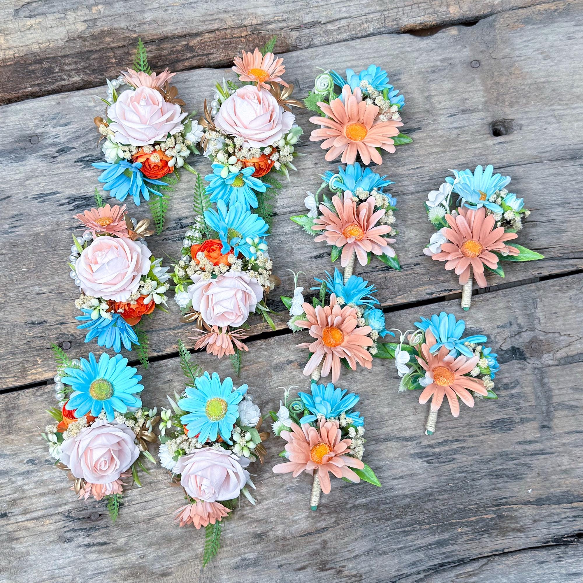 Pale Turquoise & Cappuccino Wrist Corsage – Robin’s Egg Blue Silk Rose Baby’s Breath Bracelet, Boho Prom Daisy Corsage Blue,Wedding Wristlet