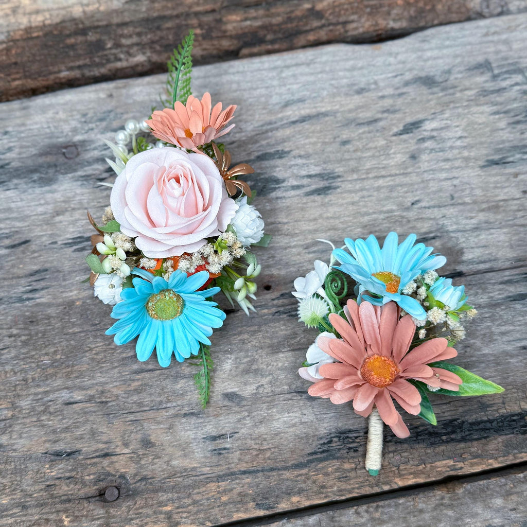 Pale Turquoise & Cappuccino Wrist Corsage – Robin’s Egg Blue Silk Rose Baby’s Breath Bracelet, Boho Prom Daisy Corsage Blue,Wedding Wristlet