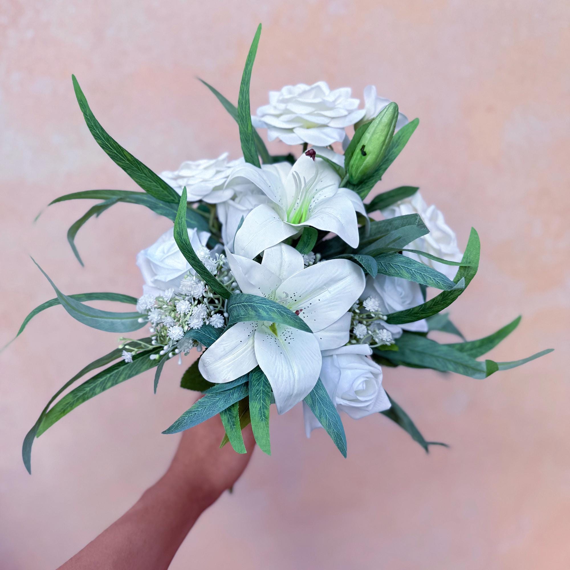 Mini Bouquet Prom Gift - Rustic White Lily Rose Prom Bouquet, White Prom Bouquet, White Bridesmaid Bouquet, Wedding Bouquet, Small Bouquet