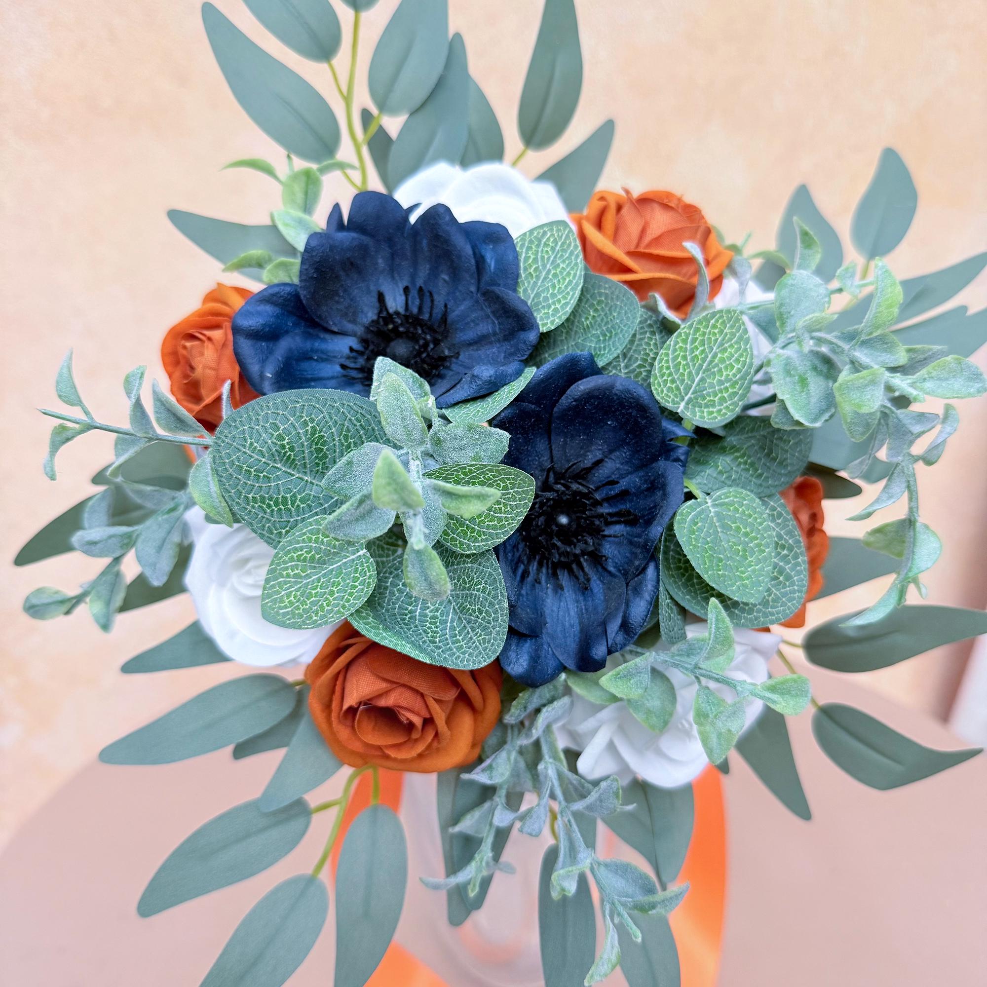 Mini Bouquet Prom Gift - Vintage Tan & White Rose, Navy Blue Anemone Rustic Bouquet - Prom Bouquet, Wildflower Bridesmaid Wedding Bouquet