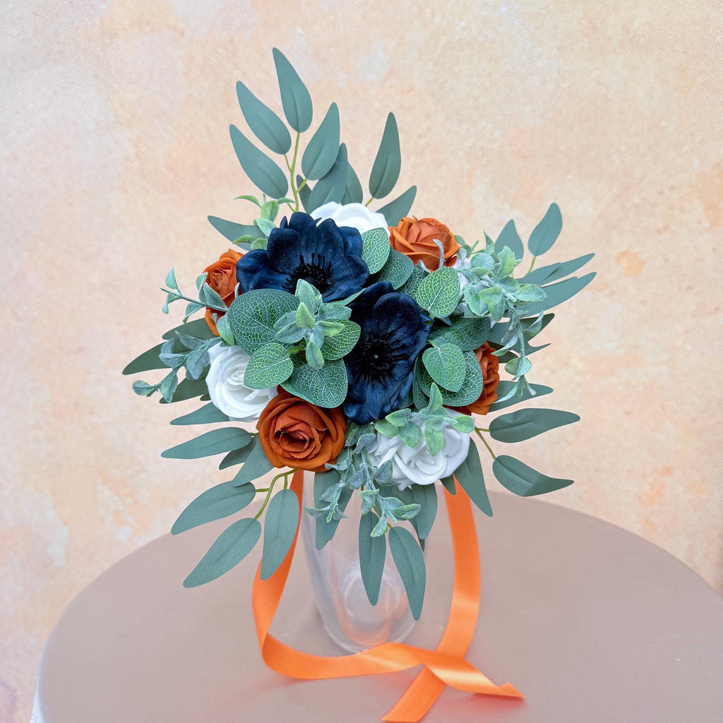 Mini Bouquet Prom Gift - Vintage Tan & White Rose, Navy Blue Anemone Rustic Bouquet - Prom Bouquet, Wildflower Bridesmaid Wedding Bouquet