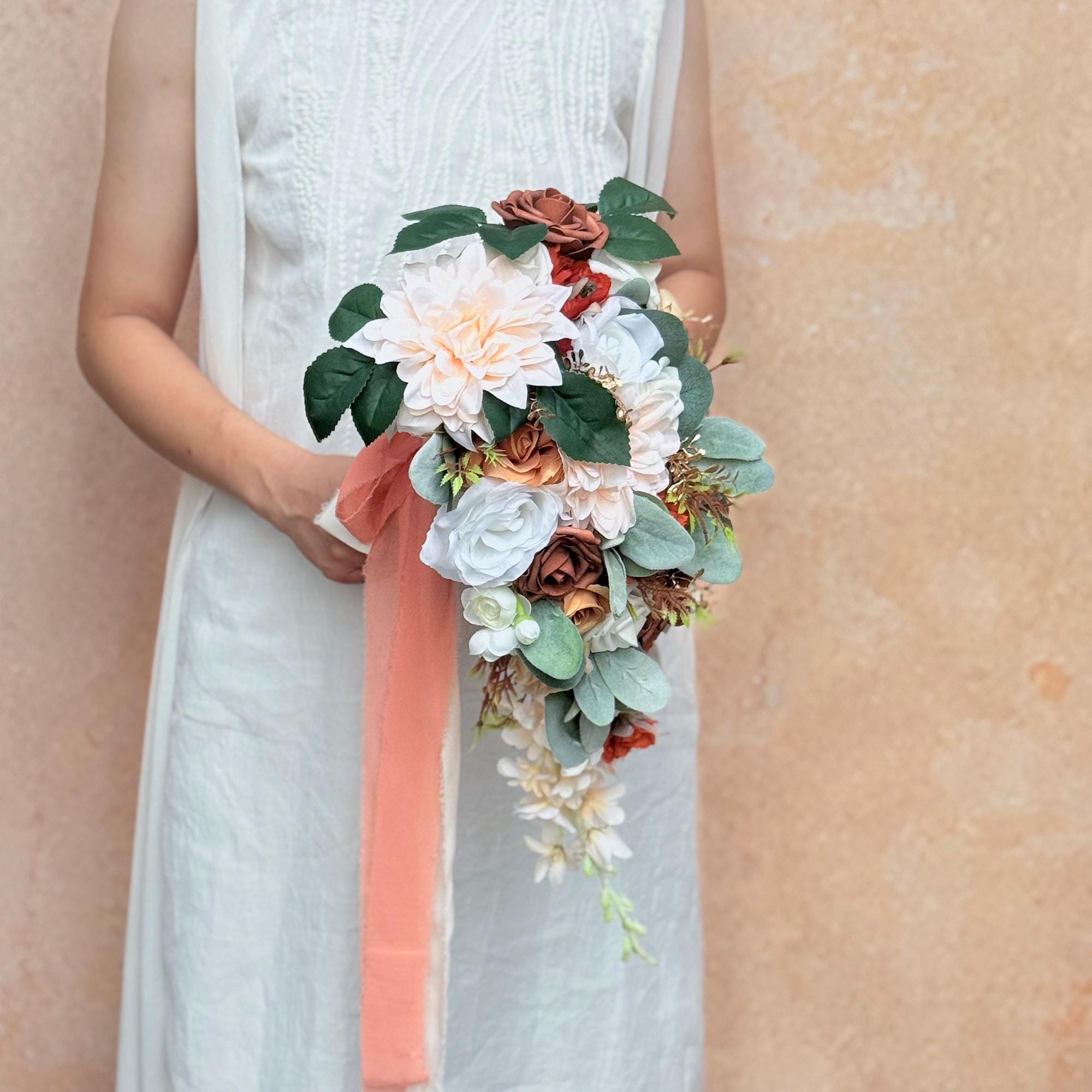 Cascade Autumn Brown Rose Bridal Bouquet, Dusty Pink Bridesmaid Bouquet, Champagne Dahlia Bridesmaid Bouquet Gift, Gift For Her Boho Wedding