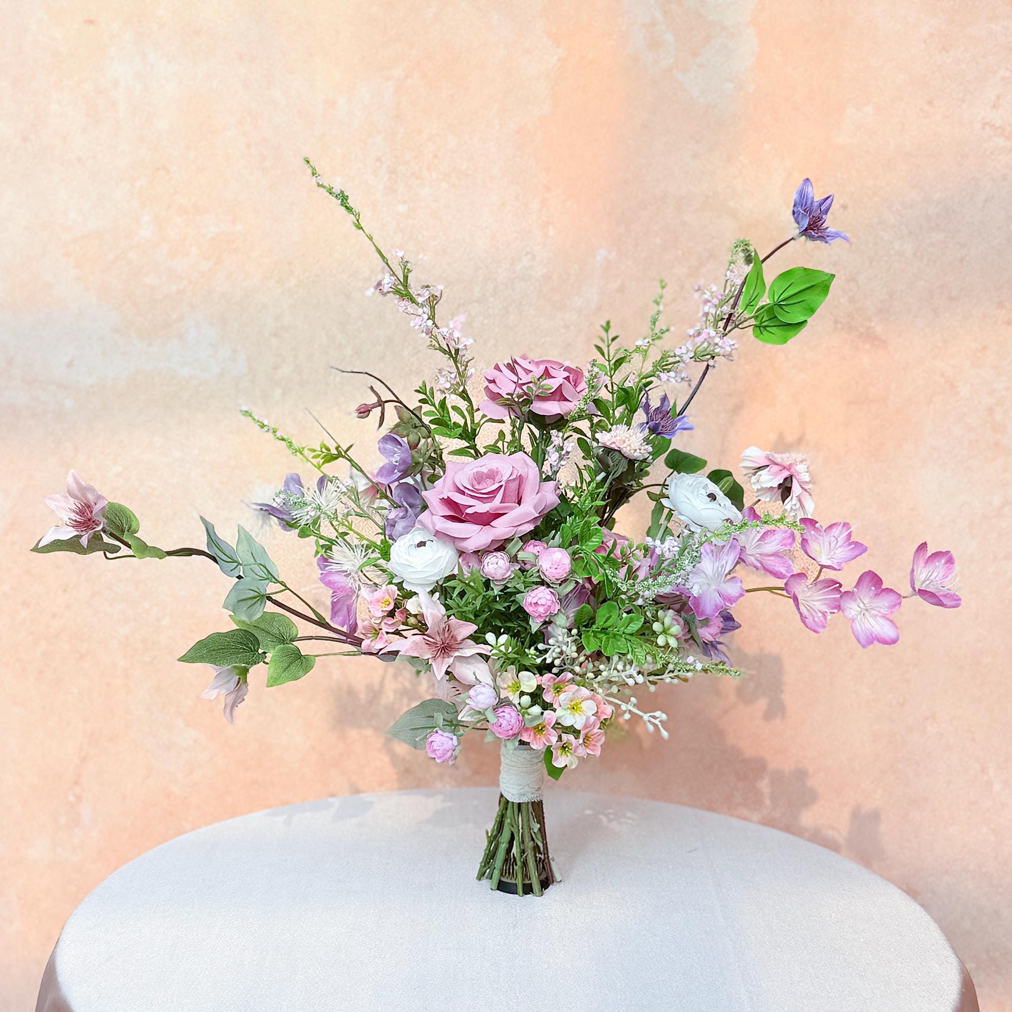 Large Lilac Wildflower Wedding Bouquet, Silk Purple Rose Flower Bridal Bouquet, Faux Flower Bouquet for Beach Garden Wedding, Home Decor