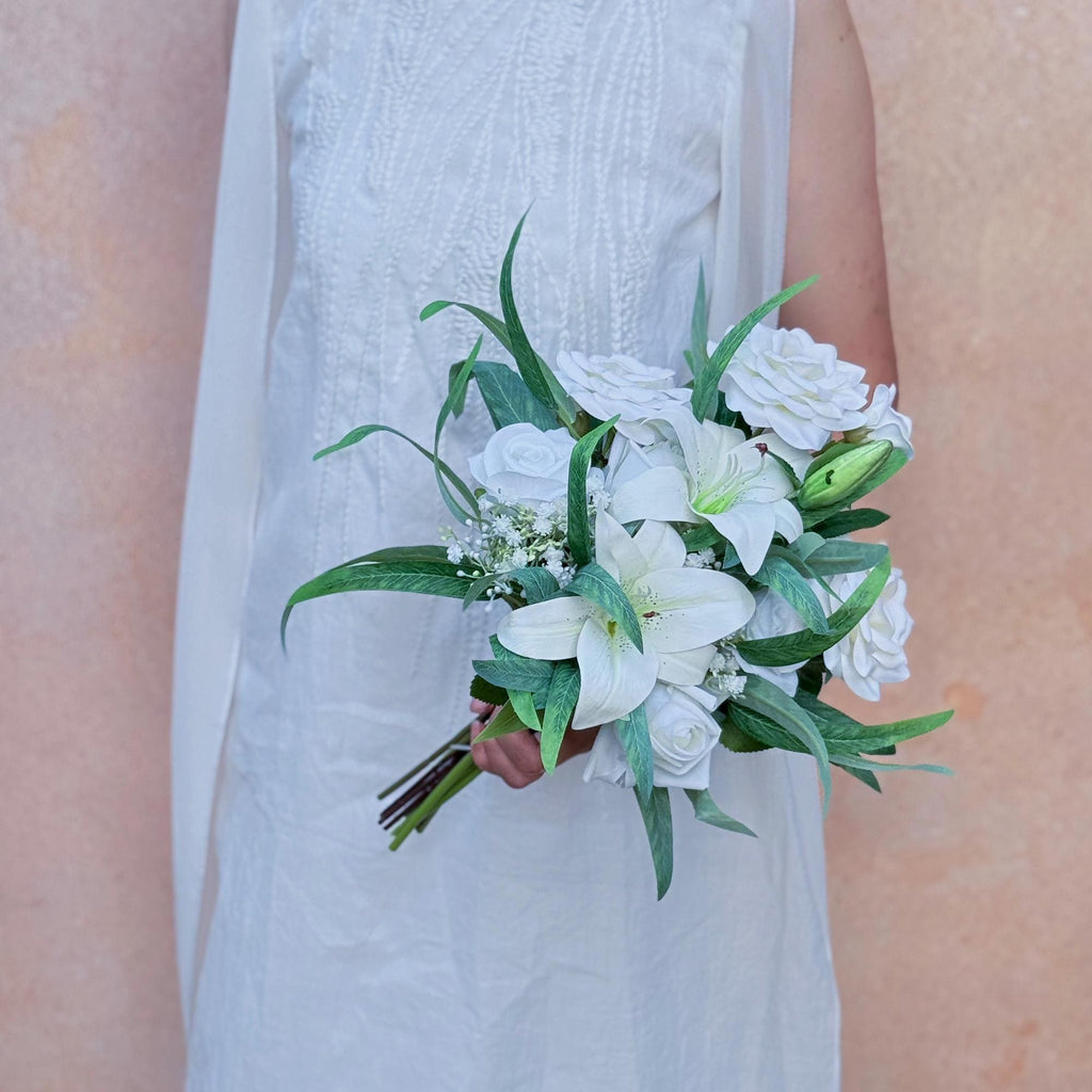 Mini Bouquet Prom Gift - Rustic White Lily Rose Prom Bouquet, White Prom Bouquet, White Bridesmaid Bouquet, Wedding Bouquet, Small Bouquet