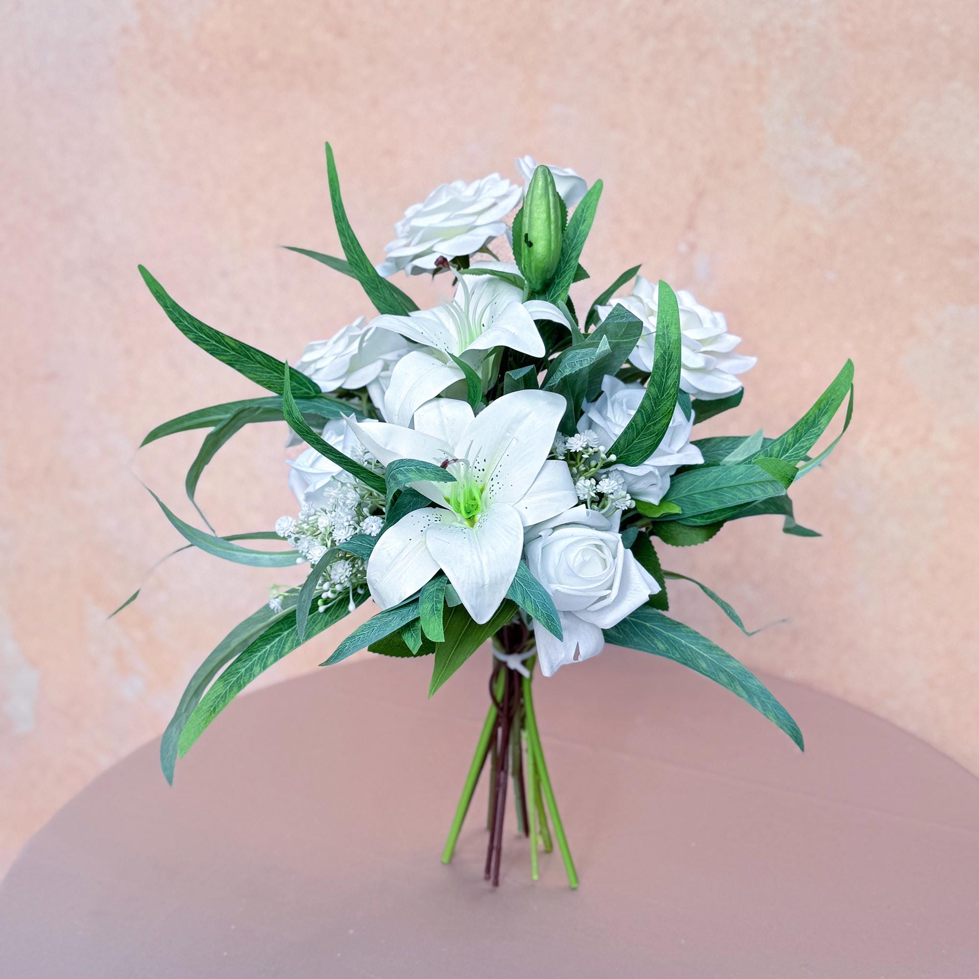 Mini Bouquet Prom Gift - Rustic White Lily Rose Prom Bouquet, White Prom Bouquet, White Bridesmaid Bouquet, Wedding Bouquet, Small Bouquet