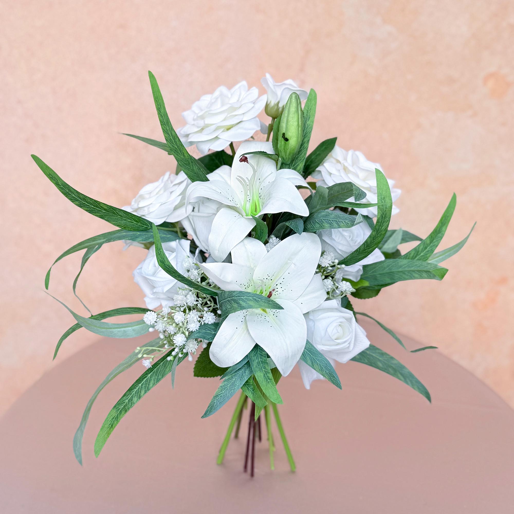 Mini Bouquet Prom Gift - Rustic White Lily Rose Prom Bouquet, White Prom Bouquet, White Bridesmaid Bouquet, Wedding Bouquet, Small Bouquet
