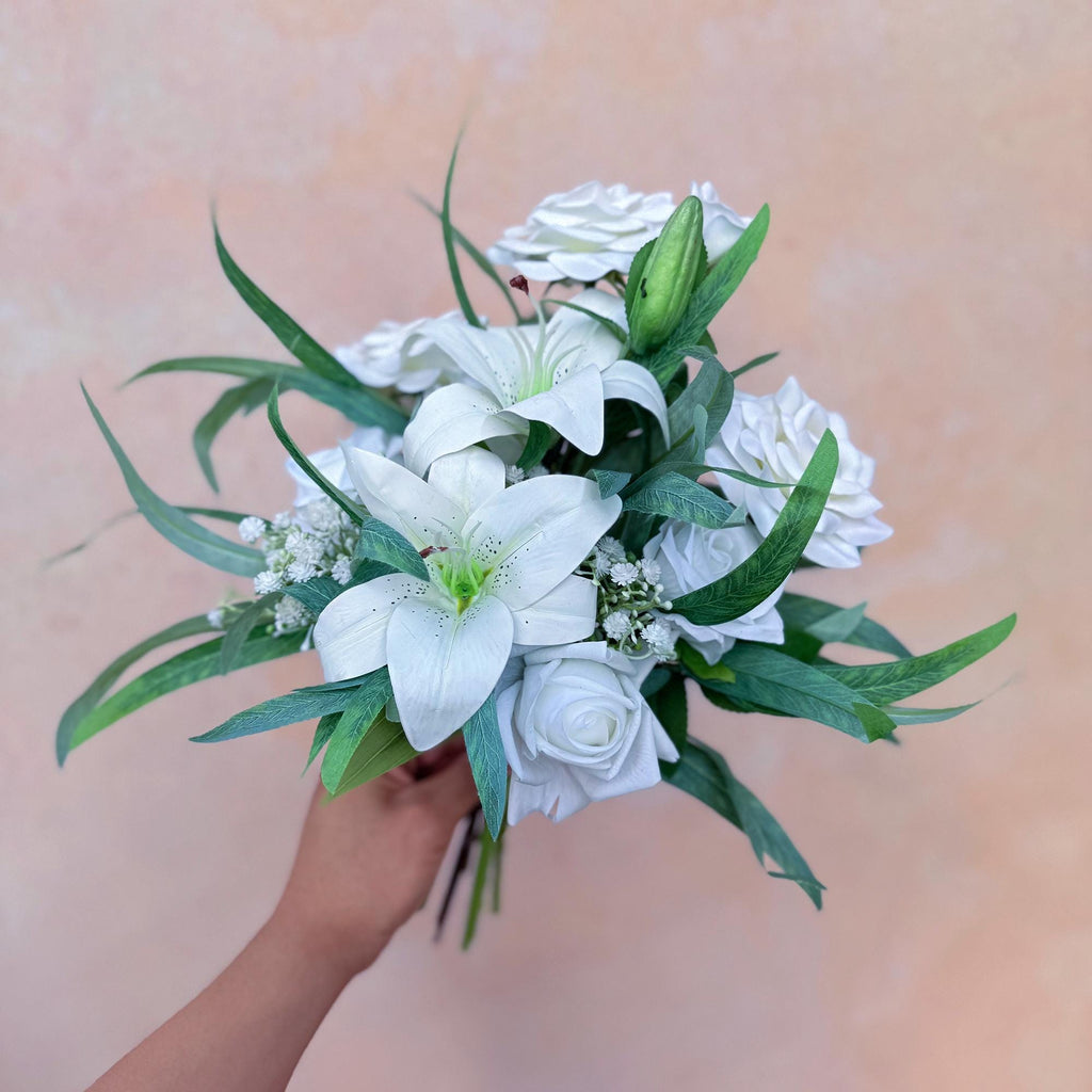 Mini Bouquet Prom Gift - Rustic White Lily Rose Prom Bouquet, White Prom Bouquet, White Bridesmaid Bouquet, Wedding Bouquet, Small Bouquet