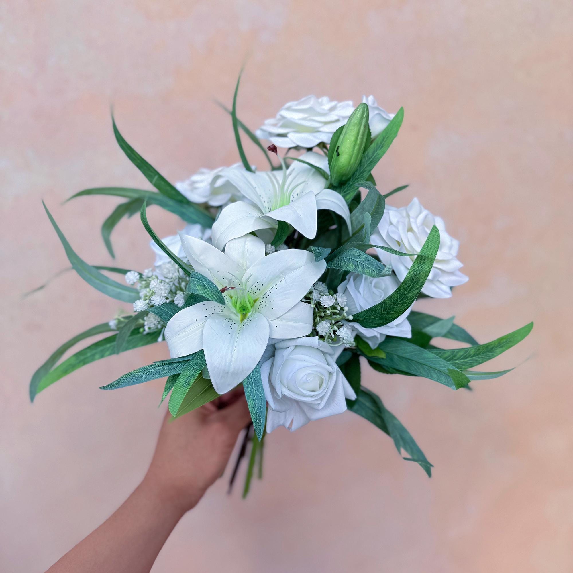 Mini Bouquet Prom Gift - Rustic White Lily Rose Prom Bouquet, White Prom Bouquet, White Bridesmaid Bouquet, Wedding Bouquet, Small Bouquet