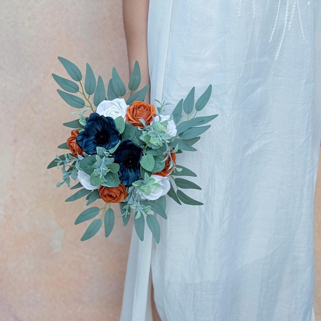Mini Bouquet Prom Gift - Vintage Tan & White Rose, Navy Blue Anemone Rustic Bouquet - Prom Bouquet, Wildflower Bridesmaid Wedding Bouquet