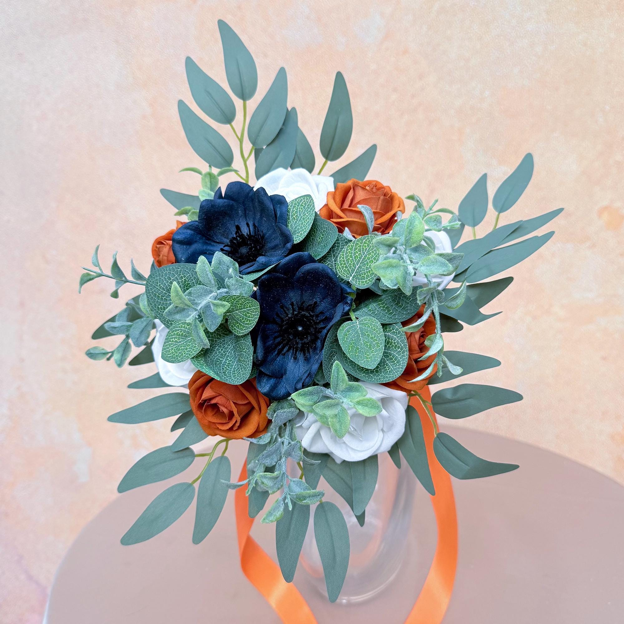 Mini Bouquet Prom Gift - Vintage Tan & White Rose, Navy Blue Anemone Rustic Bouquet - Prom Bouquet, Wildflower Bridesmaid Wedding Bouquet