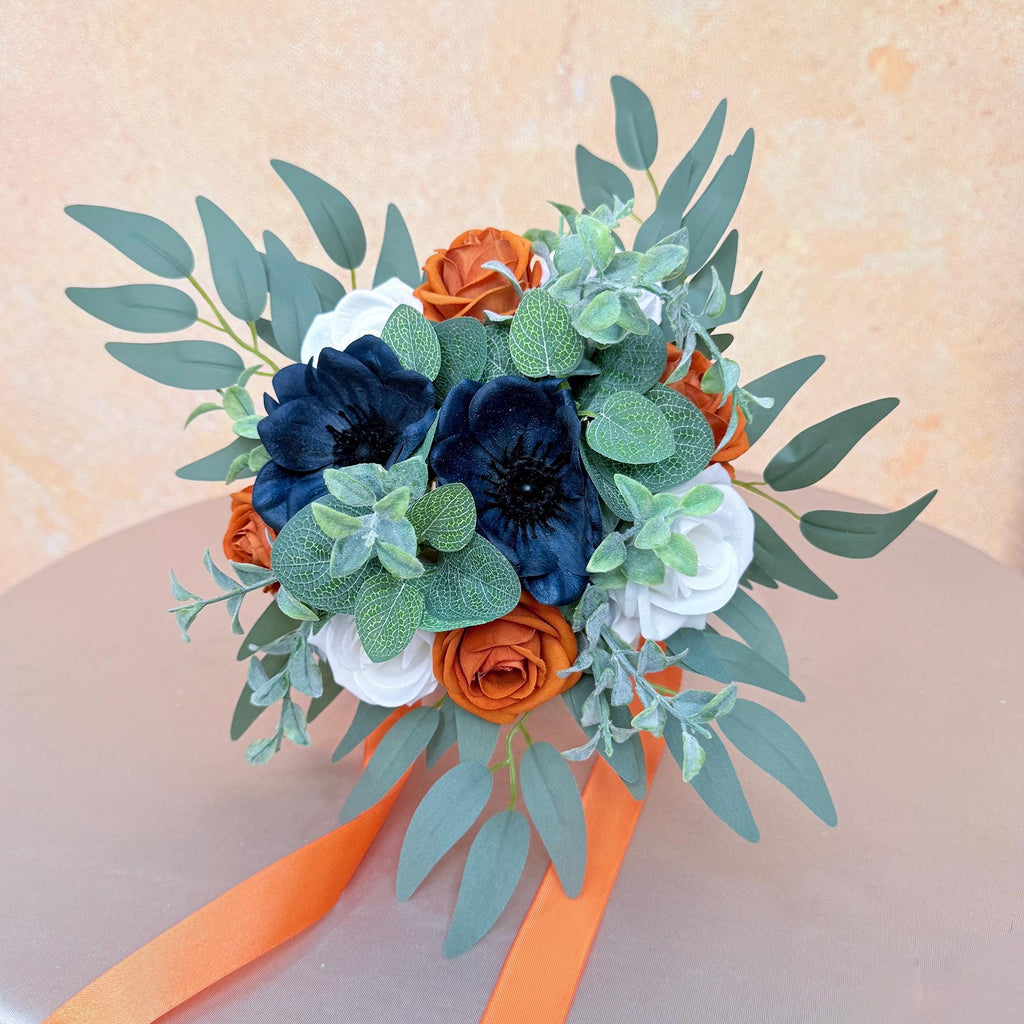 Mini Bouquet Prom Gift - Vintage Tan & White Rose, Navy Blue Anemone Rustic Bouquet - Prom Bouquet, Wildflower Bridesmaid Wedding Bouquet
