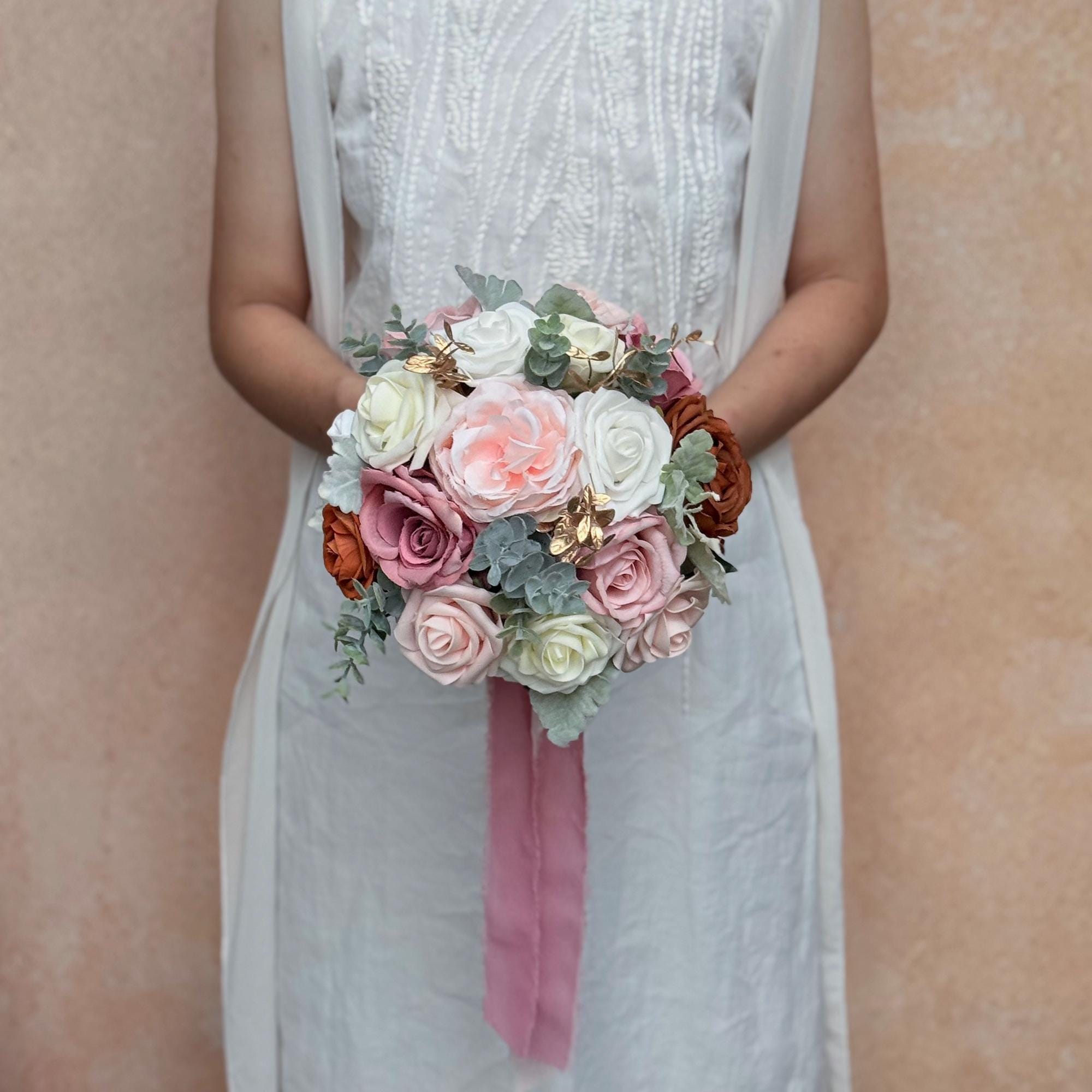 Cascade Autumn Brown Rose Bridal Bouquet, Dusty Pink Bridesmaid Bouquet, Champagne Dahlia Bridesmaid Bouquet Gift, Gift For Her Boho Wedding
