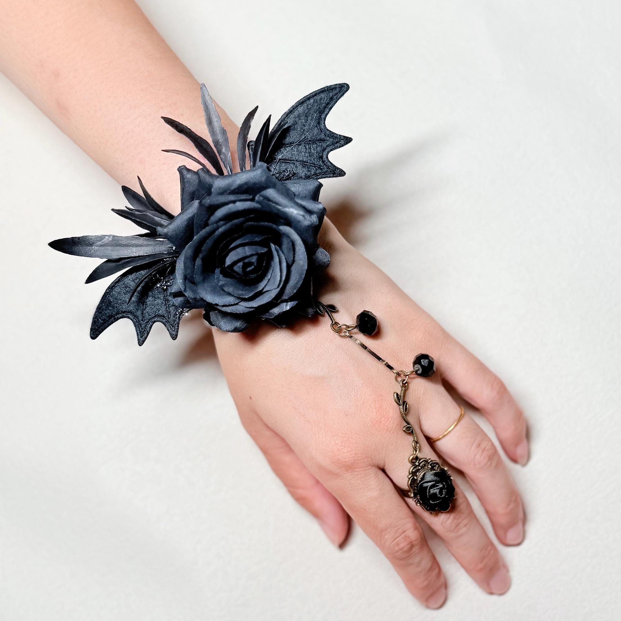Gothic Rose Skull Bat Wing Bracelet with Ring -  For Halloween Witch Style dress