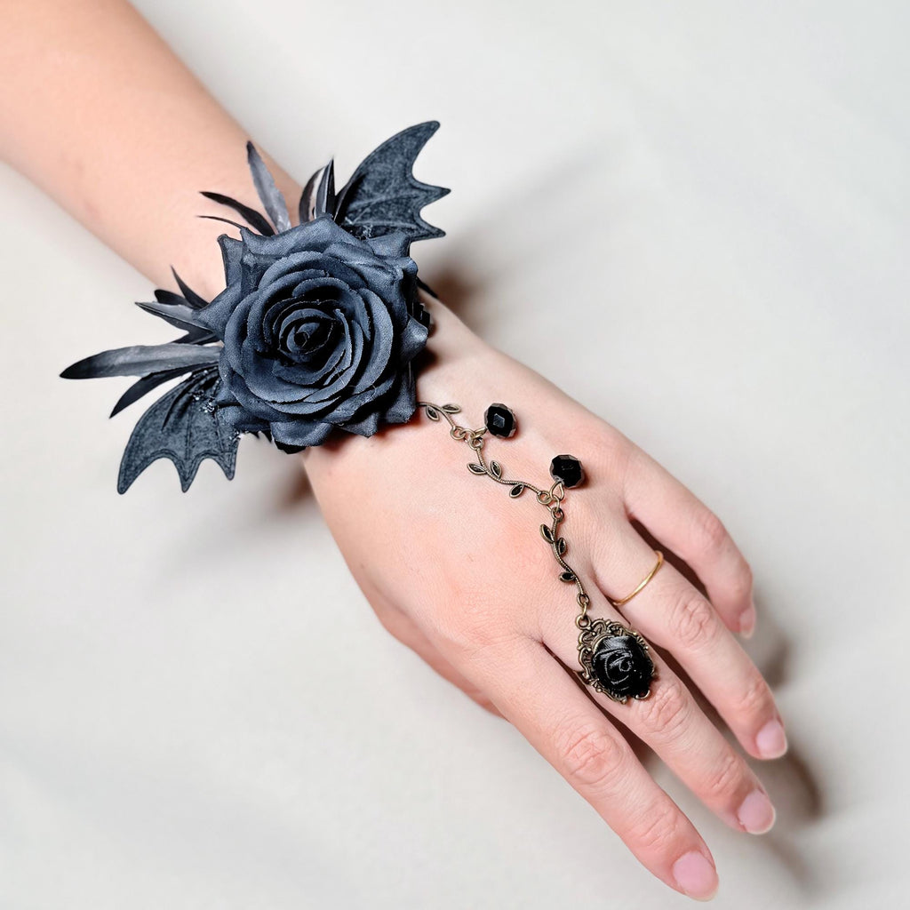 Gothic Rose Skull Bat Wing Bracelet with Ring -  For Halloween Witch Style dress