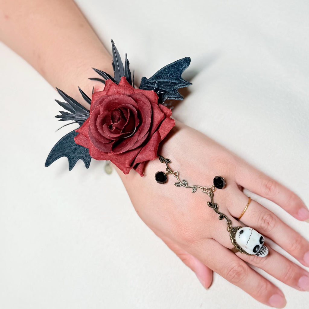 Gothic Rose Skull Bat Wing Bracelet with Ring -  For Halloween Witch Style dress