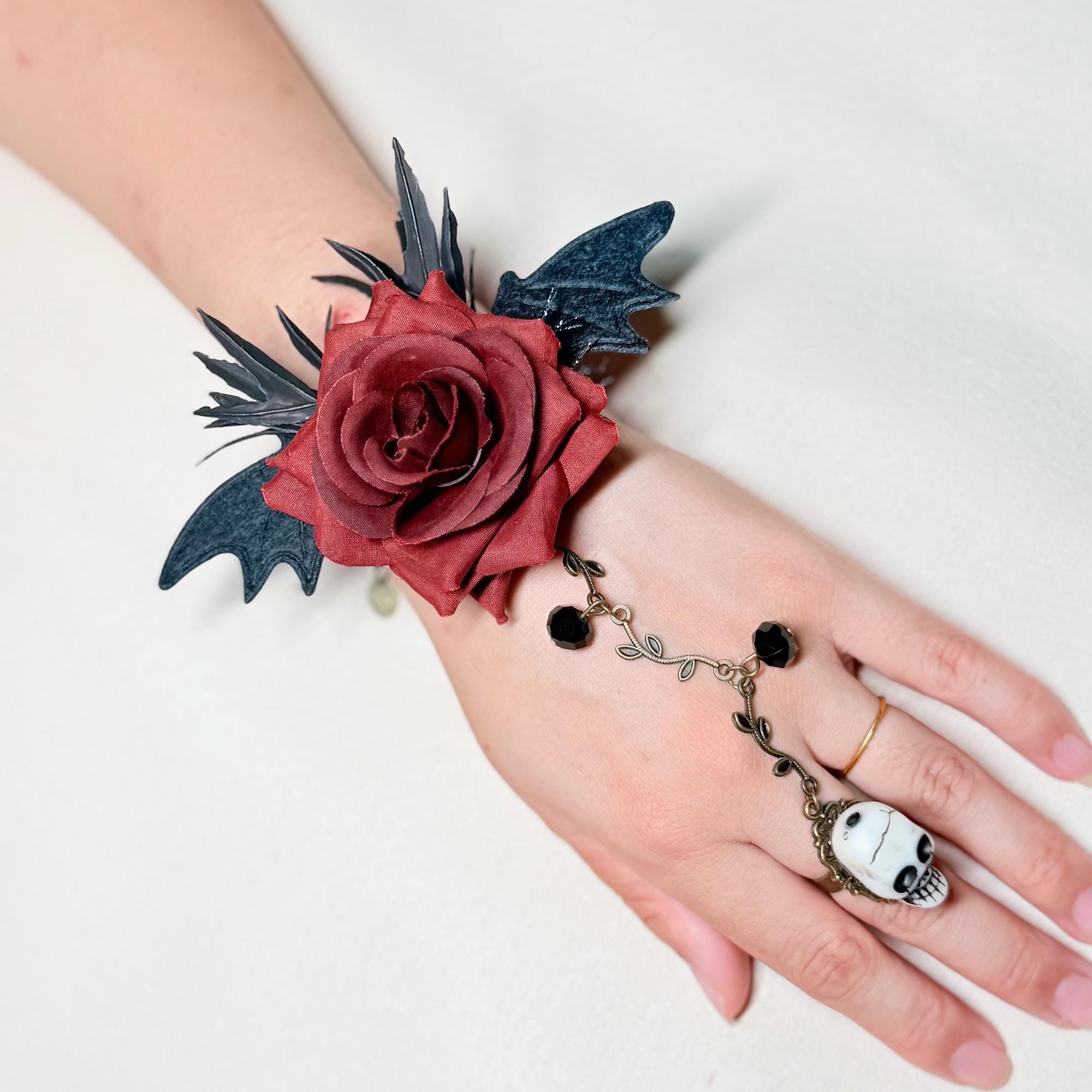 Gothic Rose Skull Bat Wing Bracelet with Ring -  For Halloween Witch Style dress