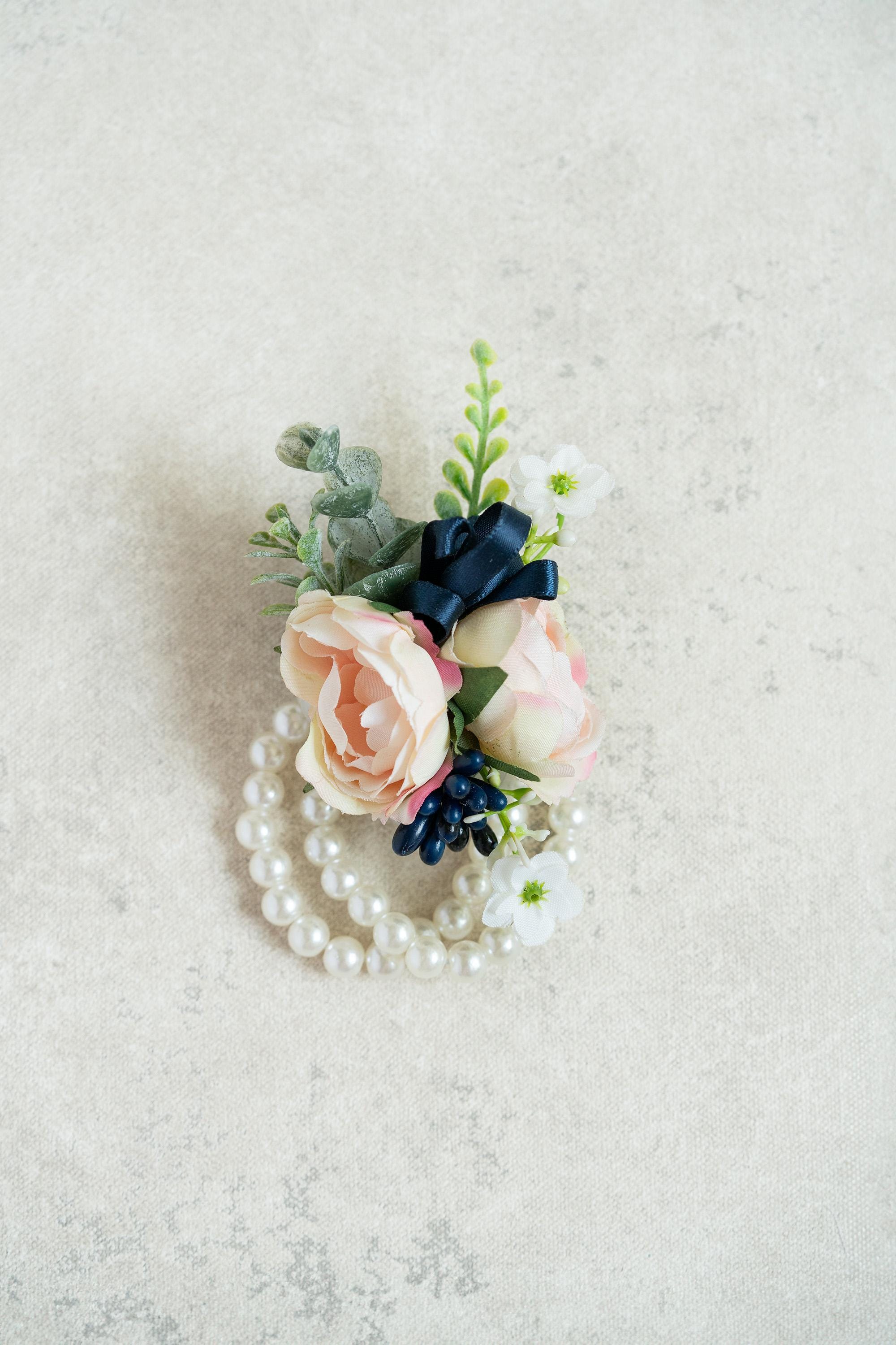 Rustic Champagne Pink Rose Pearl Bracelet - Navy Wrist Corsage Gift For Her Military Wedding, Mom, Bridesmaid Gift, Prom, Bridal Accessories
