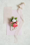 Peachy Pink Rose Pearl Wrist Corsage - Silk Ranunculus Bracelet Corsage, Wedding Mom Corsage Gift, Bridesmaid Wrist Flower for Prom