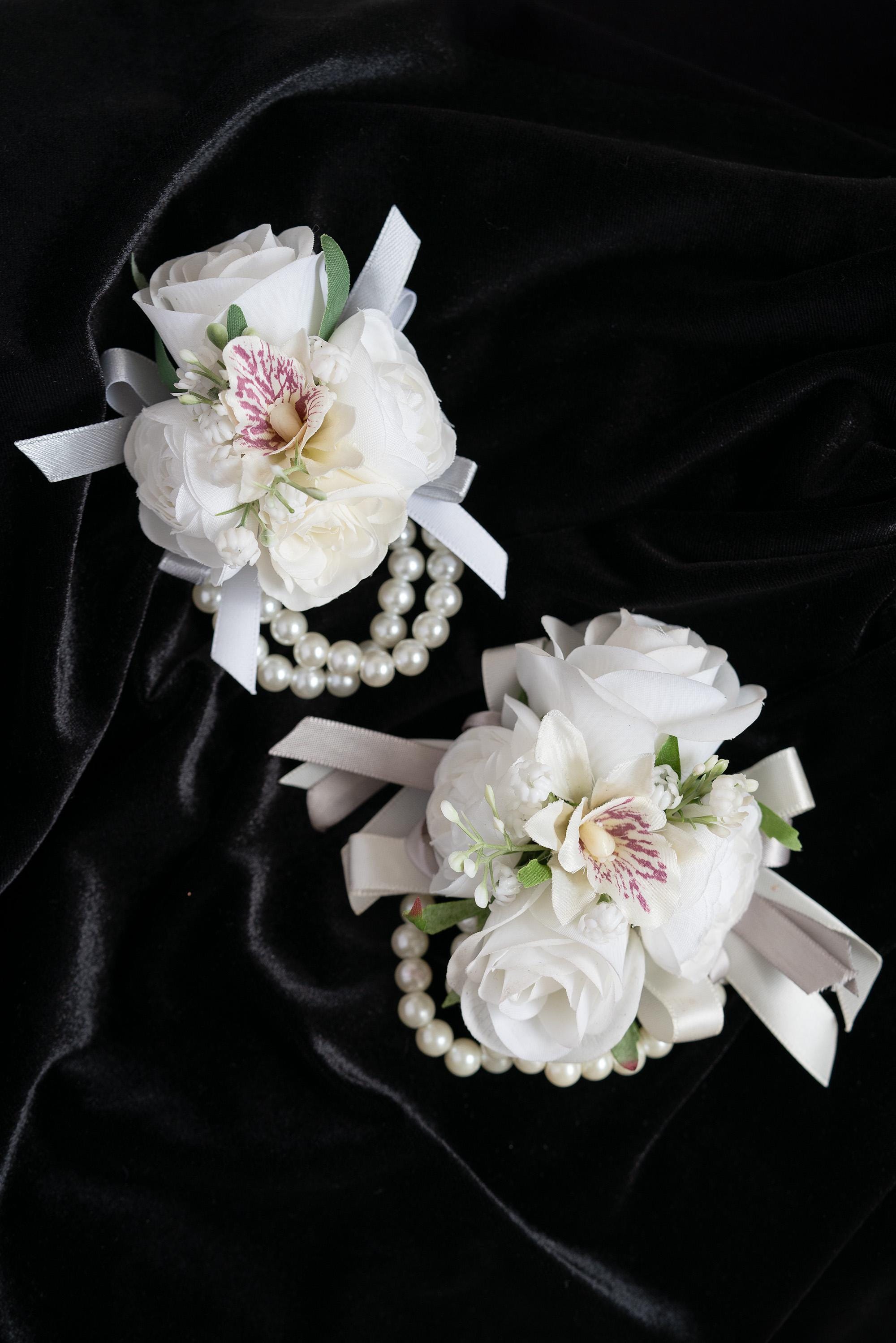 White Rose Pearl Bracelet Wrist Corsage - Bridesmaid Gift For Wedding, Flower Girl Gift, Bridal Accessories, Real Touch Prom Boutonniere