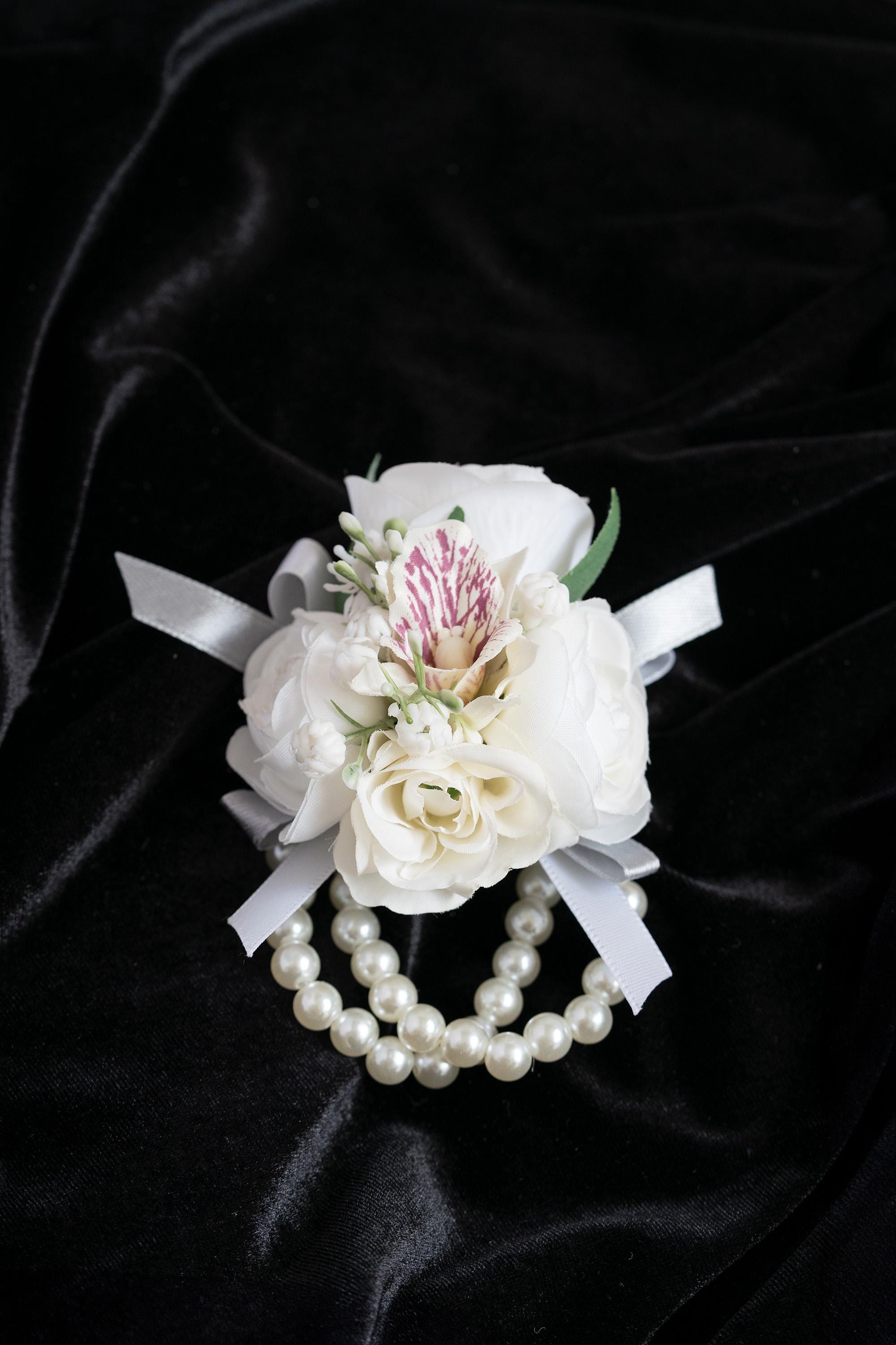 White Rose Pearl Bracelet Wrist Corsage - Bridesmaid Gift For Wedding, Flower Girl Gift, Bridal Accessories, Real Touch Prom Boutonniere