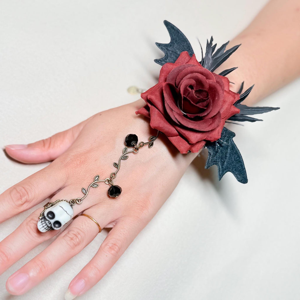 Gothic Rose Skull Bat Wing Bracelet with Ring -  For Halloween Witch Style dress