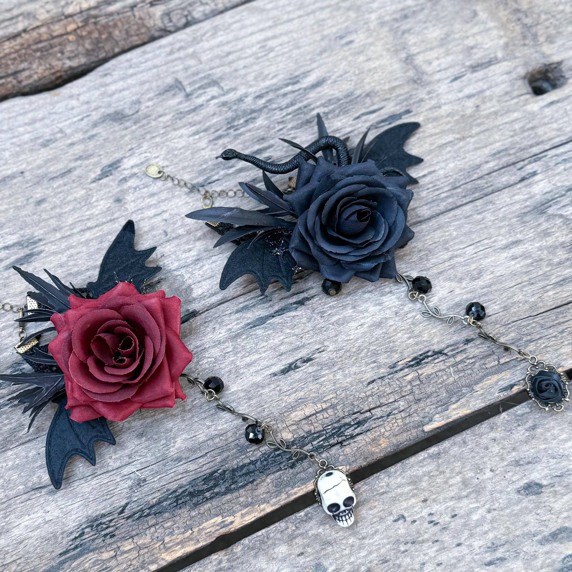 Gothic Rose Skull Bat Wing Bracelet with Ring -  For Halloween Witch Style dress
