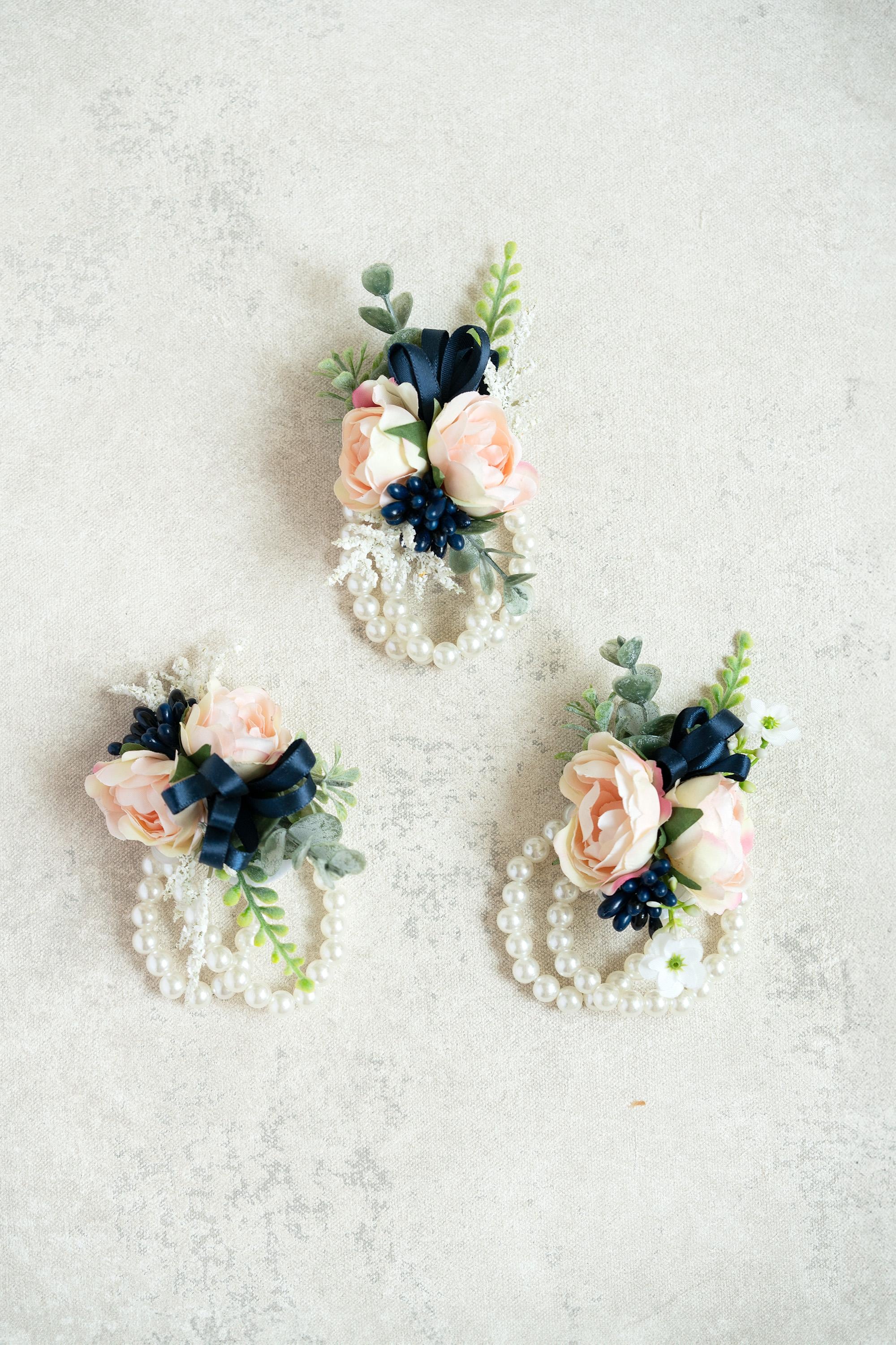 Rustic Champagne Pink Rose Pearl Bracelet - Navy Wrist Corsage Gift For Her Military Wedding, Mom, Bridesmaid Gift, Prom, Bridal Accessories