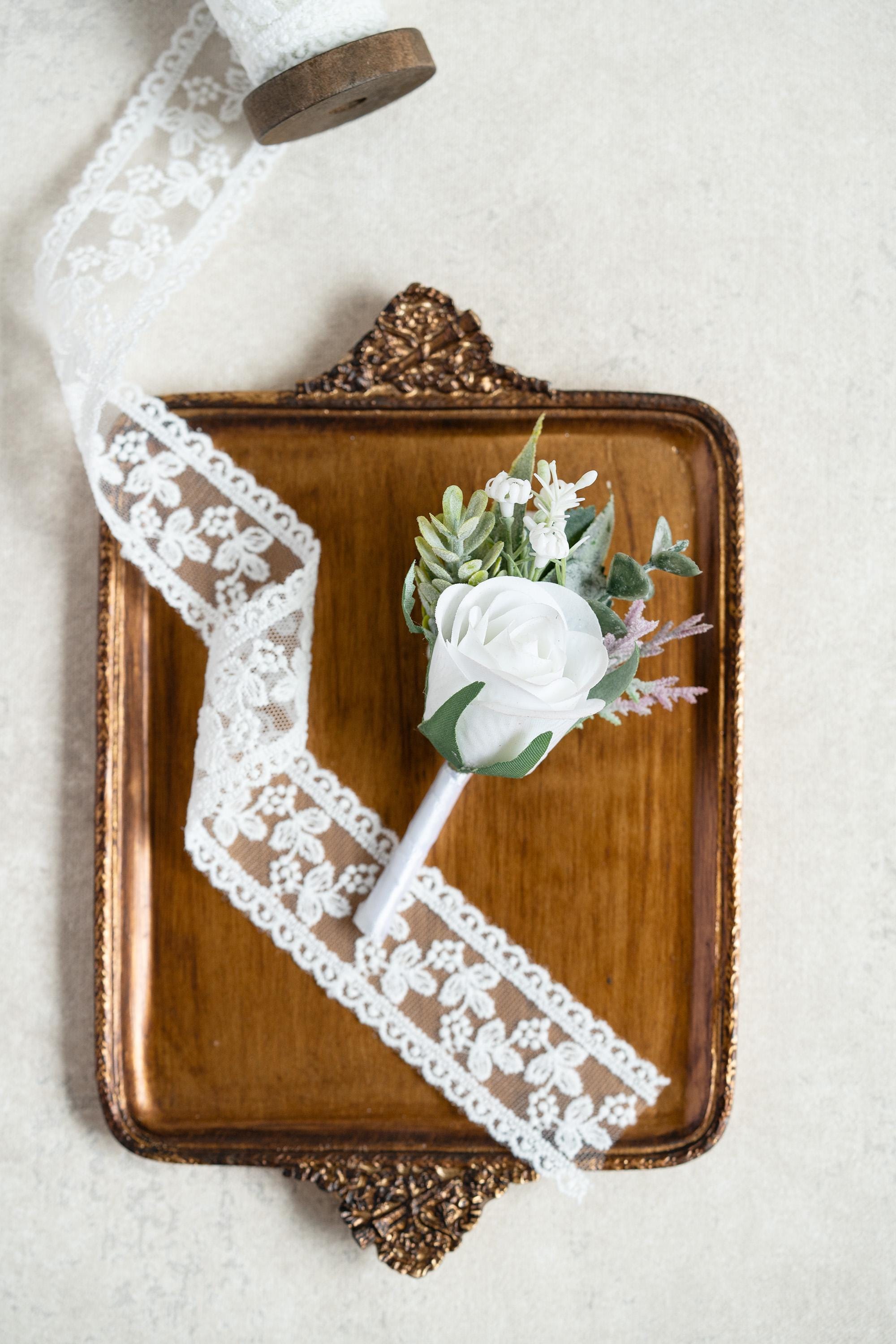 White Rose Pearl Bracelet Wrist Corsage - Bridesmaid Gift For Wedding, Flower Girl Gift, Bridal Accessories, Real Touch Prom Boutonniere