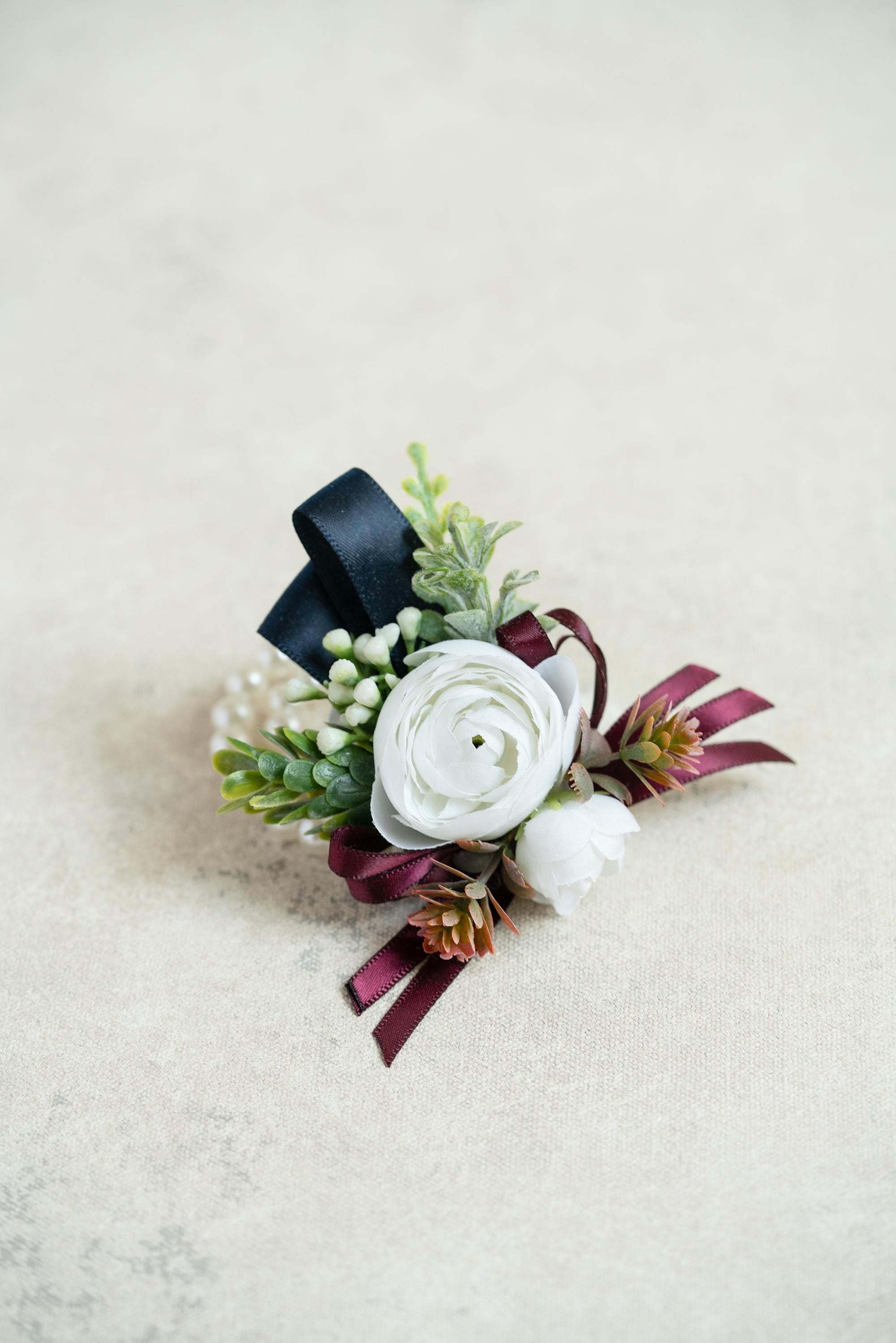 White Rose Pearl Bracelet - Wrist Corsage Prom Gift for Her, Bridesmaid Gift, Burgundy Ribbon Tie Swag, Bridal Accessories, Boutonniere Gift