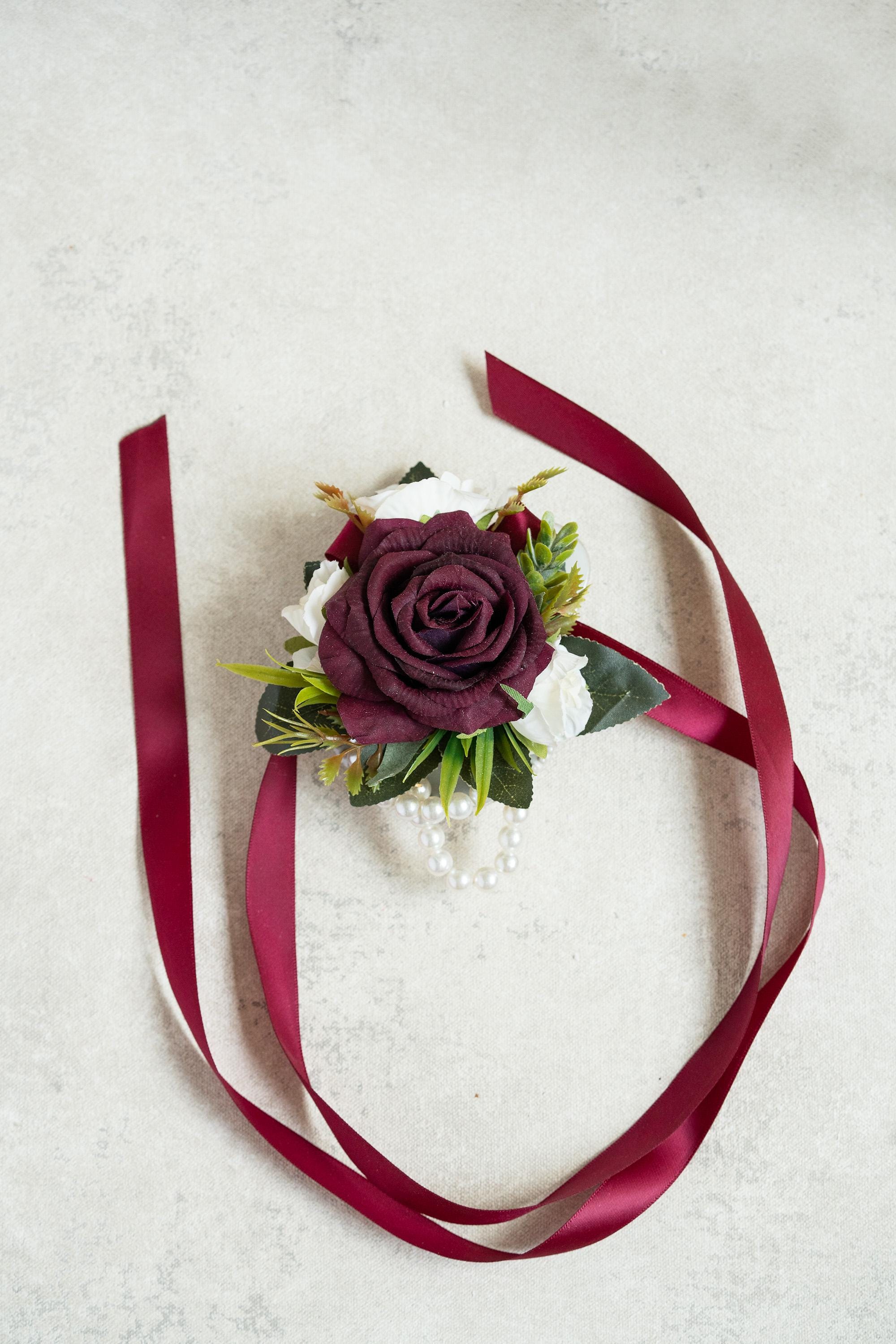 Burgundy Rose Pearl Bracelet Corsage – Real Touch Wrist Corsage with Ivory Accents, Wedding Boutonniere for Mom, Bridesmaid & Prom Gift