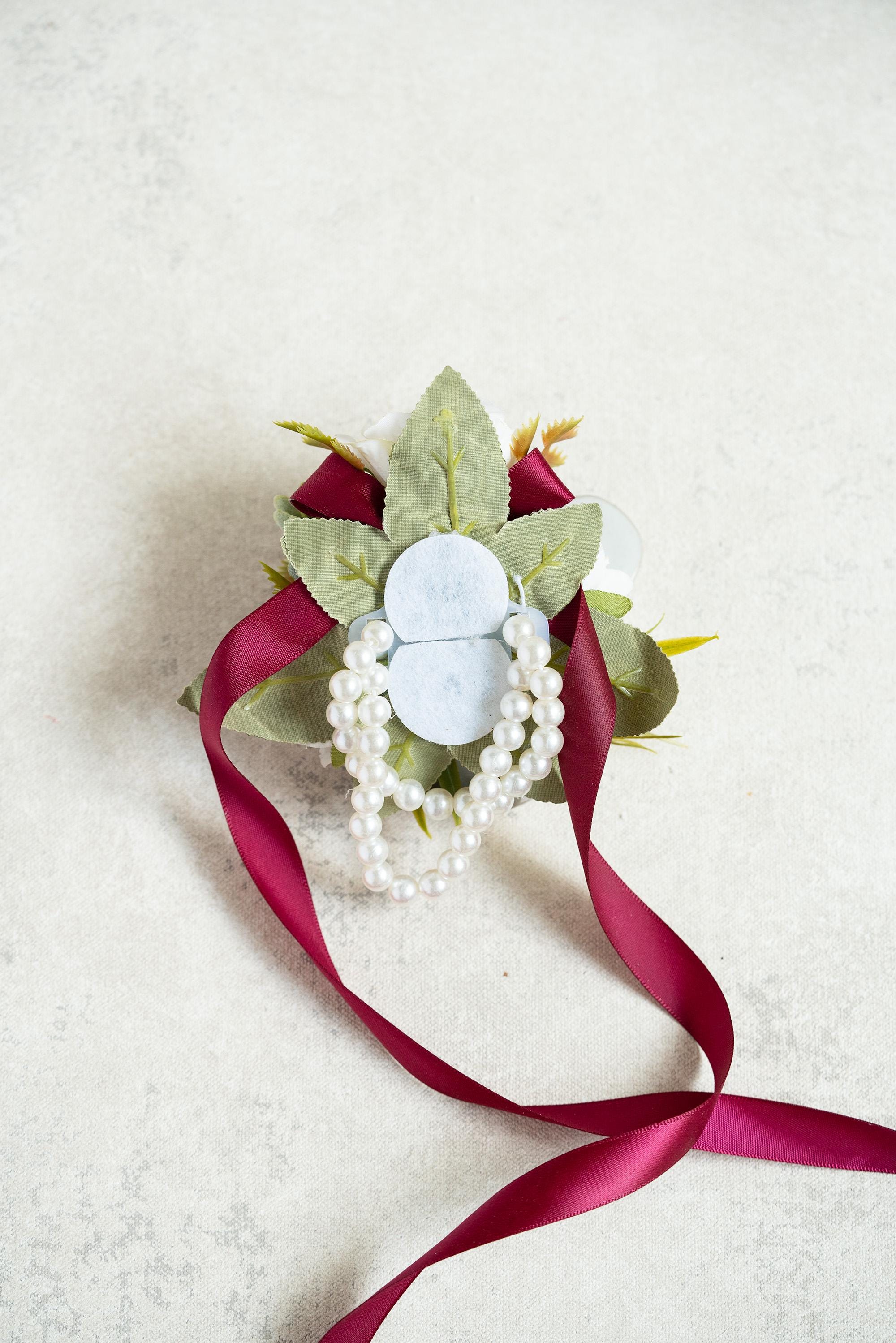 Burgundy Rose Pearl Bracelet Corsage – Real Touch Wrist Corsage with Ivory Accents, Wedding Boutonniere for Mom, Bridesmaid & Prom Gift