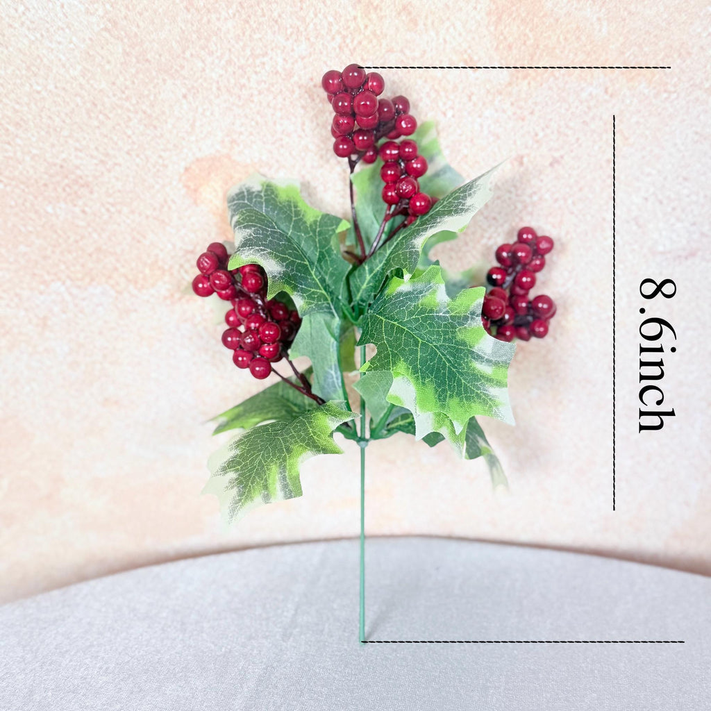 Red Holly Berry Branch — 8.6" Artificial Short Poinsettia Christmas Stems, Holiday Centerpieces, Christmas Tree Ornaments & Garden Décor