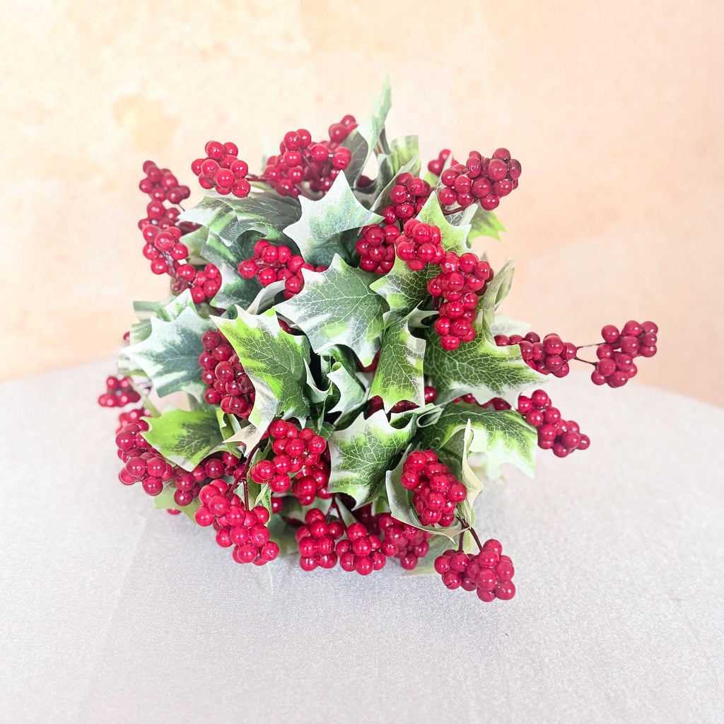Red Holly Berry Branch — 8.6" Artificial Short Poinsettia Christmas Stems, Holiday Centerpieces, Christmas Tree Ornaments & Garden Décor