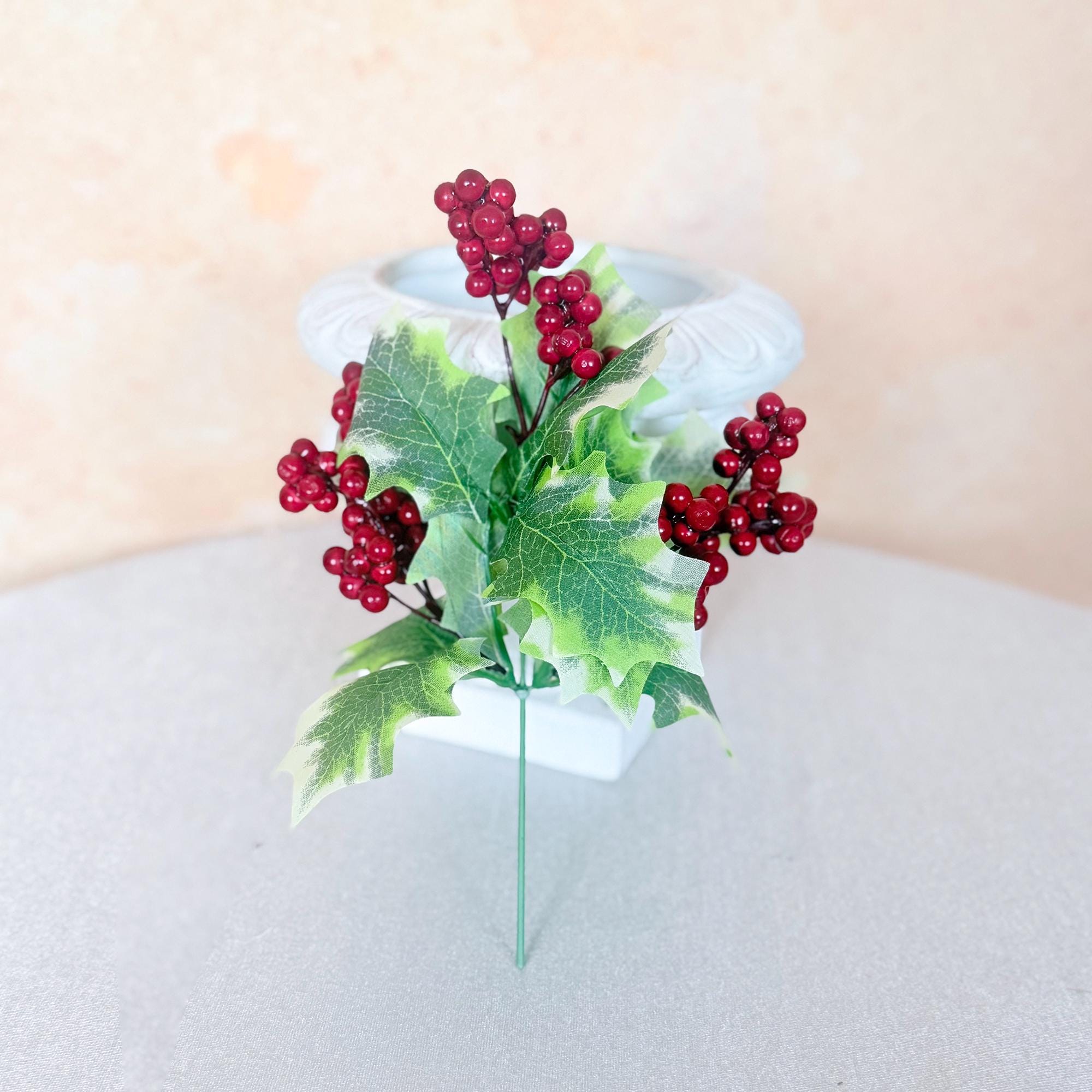 Red Holly Berry Branch — 8.6" Artificial Short Poinsettia Christmas Stems, Holiday Centerpieces, Christmas Tree Ornaments & Garden Décor