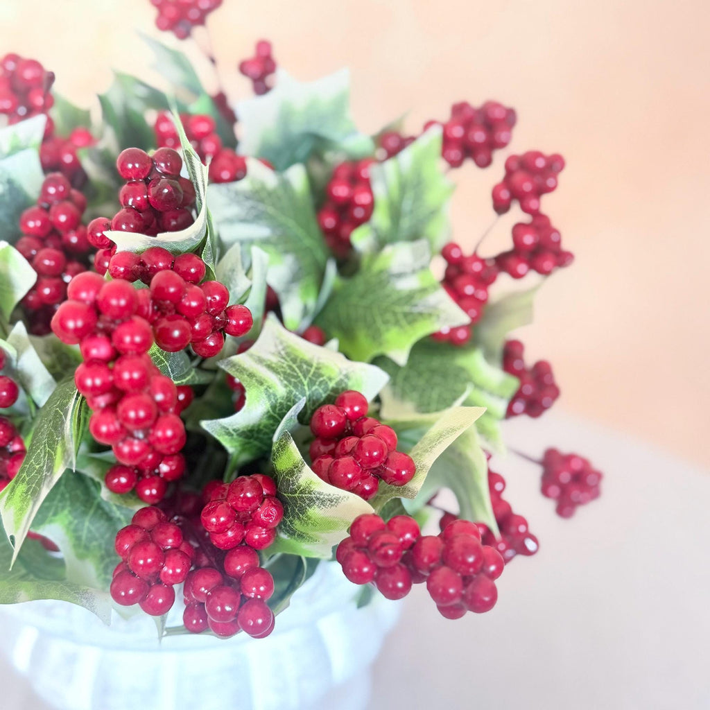 Red Holly Berry Branch — 8.6" Artificial Short Poinsettia Christmas Stems, Holiday Centerpieces, Christmas Tree Ornaments & Garden Décor