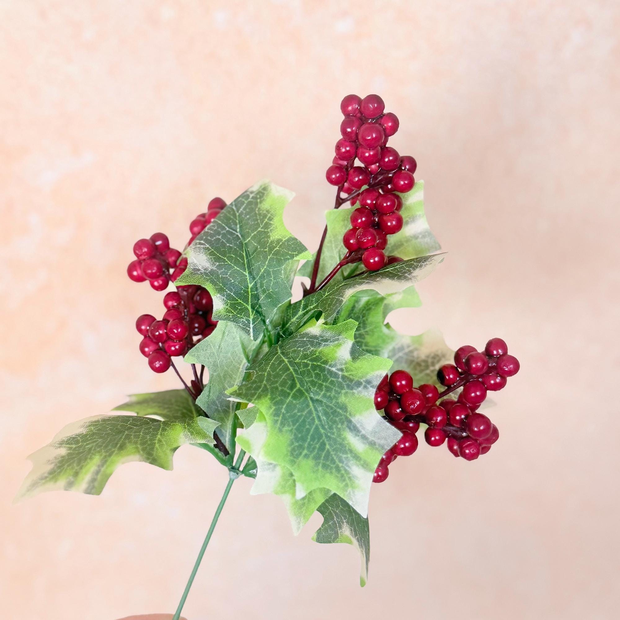 Red Holly Berry Branch — 8.6" Artificial Short Poinsettia Christmas Stems, Holiday Centerpieces, Christmas Tree Ornaments & Garden Décor