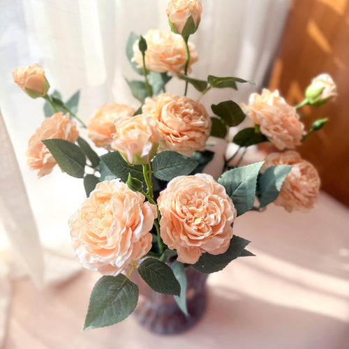 20'' Ivory Champagne 3-Head Silk Peony, Faux Rustic French Peony Stem, Vintage-Inspired Boho Floral Decor, French Country Wedding Floral