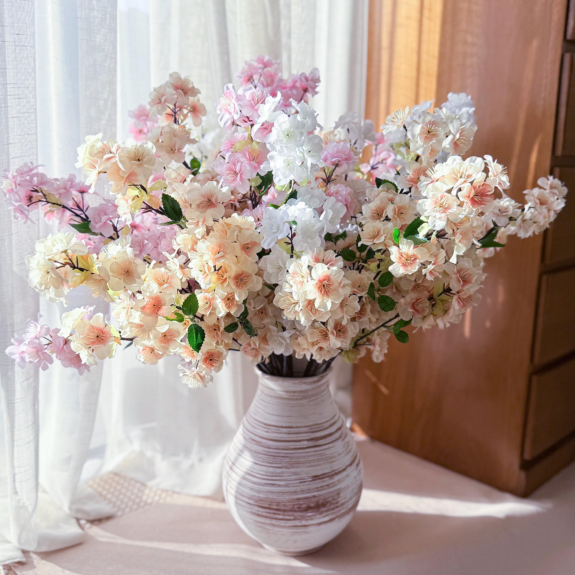 25" Spring Faux White Sakura Branch, Realistic Cherry Blossom Stems for Wedding Decor, Home Styling, Event Arrangements