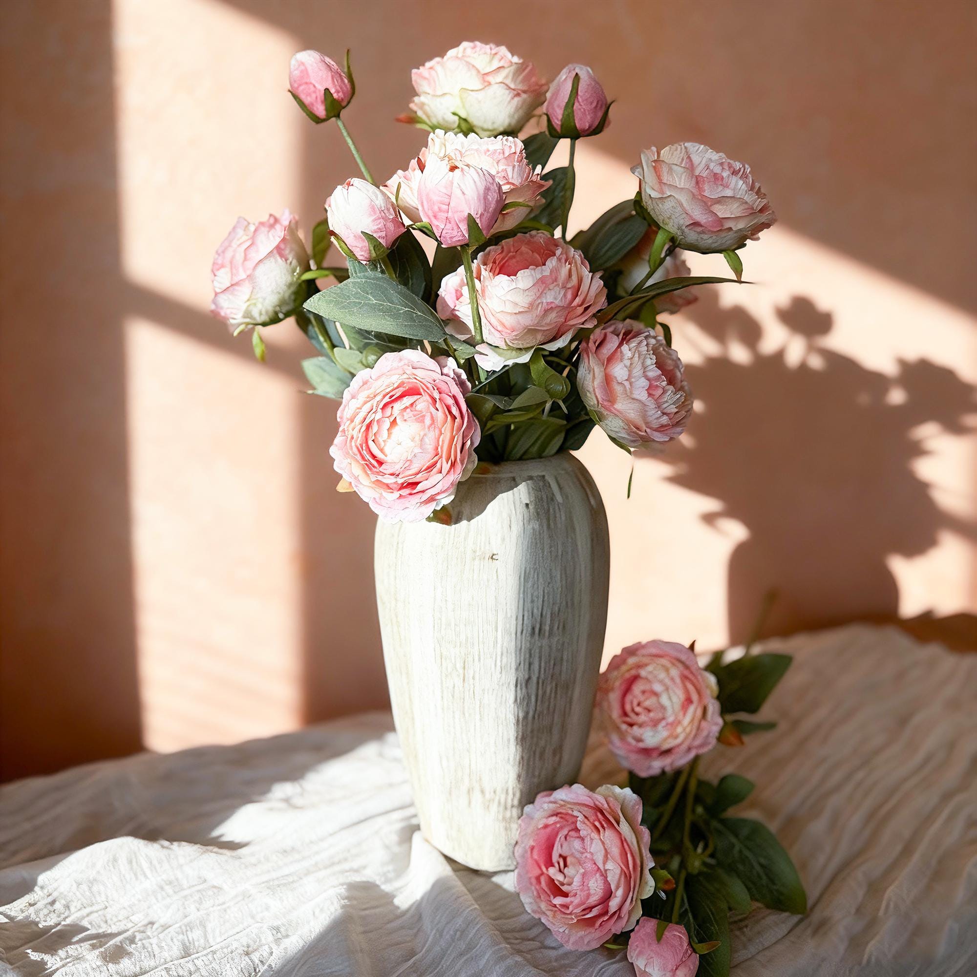25" Vintage Burnt Edge Autumn Pink Double Peony, Triple Stem Retro Healing Aesthetic Faux Peony Austin Rose Wedding Bouquet, Home Soft Decor