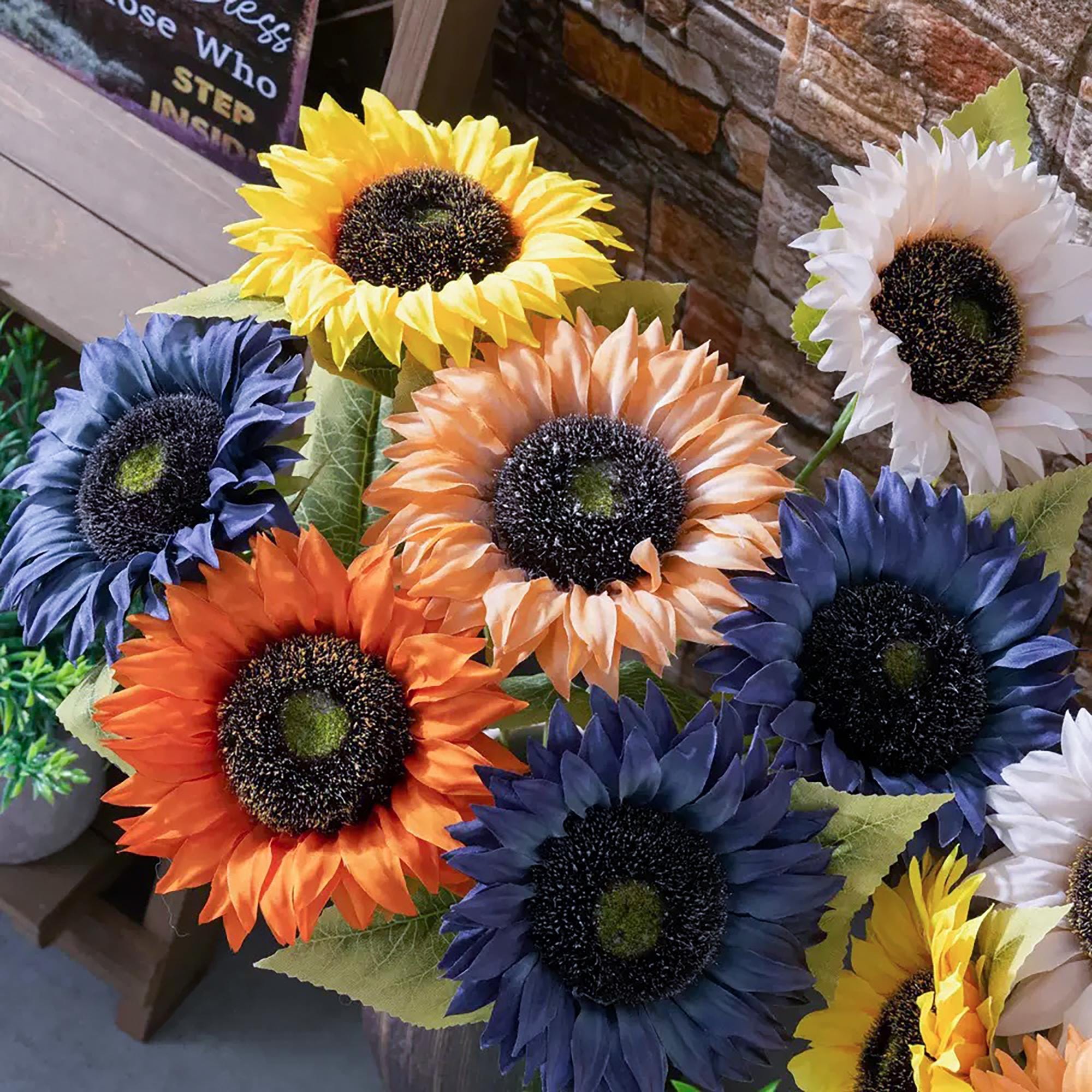 15" Faux Sunflower Stem Pick, Single Head Artificial Sunflower in Navy Yellow Orange Champagne, DIY Floral Craft, Farmhouse Decor Gift