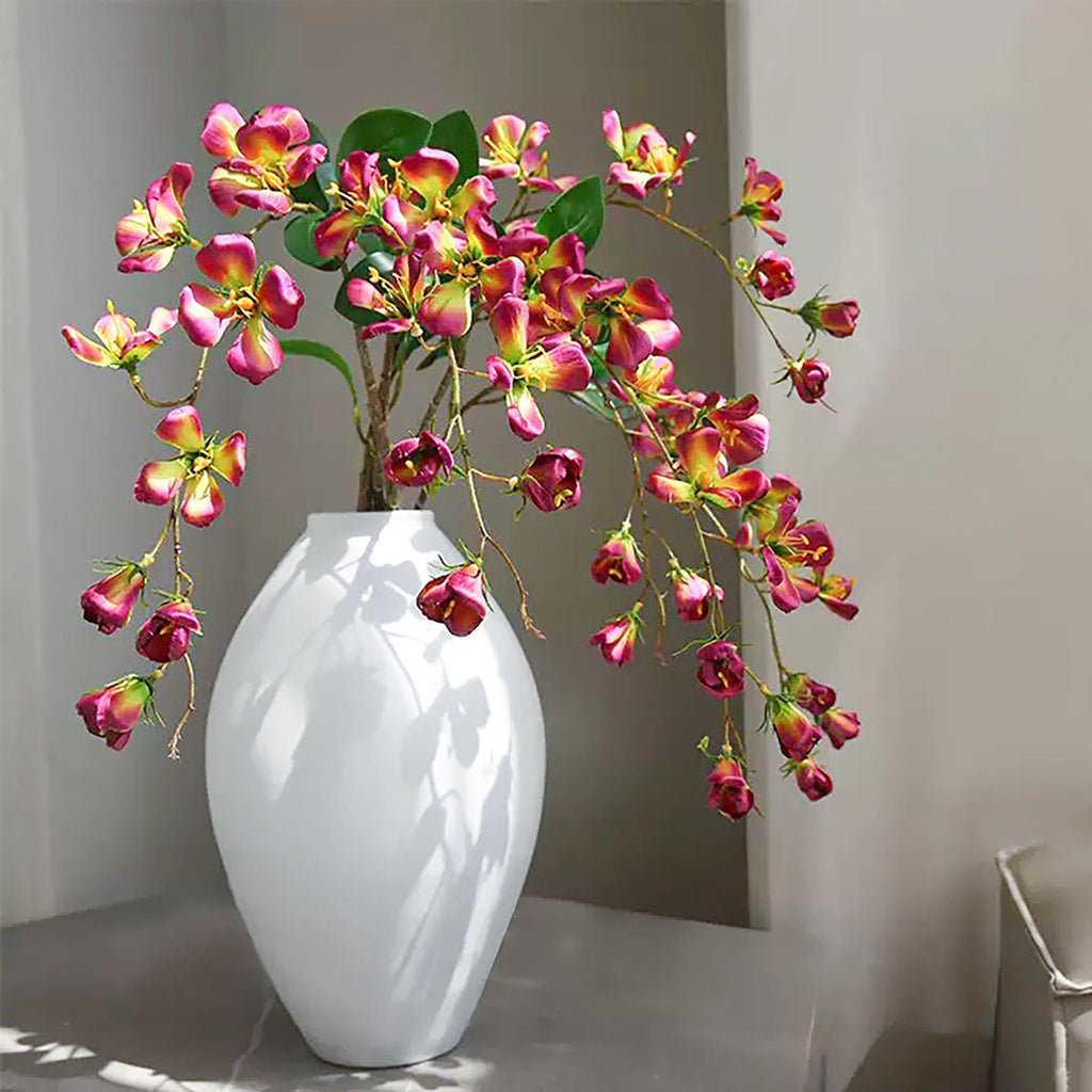 17" Faux Rose Red Long Stem Flowering Branch, Artificial Silk Blossom Branch for Vase Styling, Sculptural Statement Floral Home Decor
