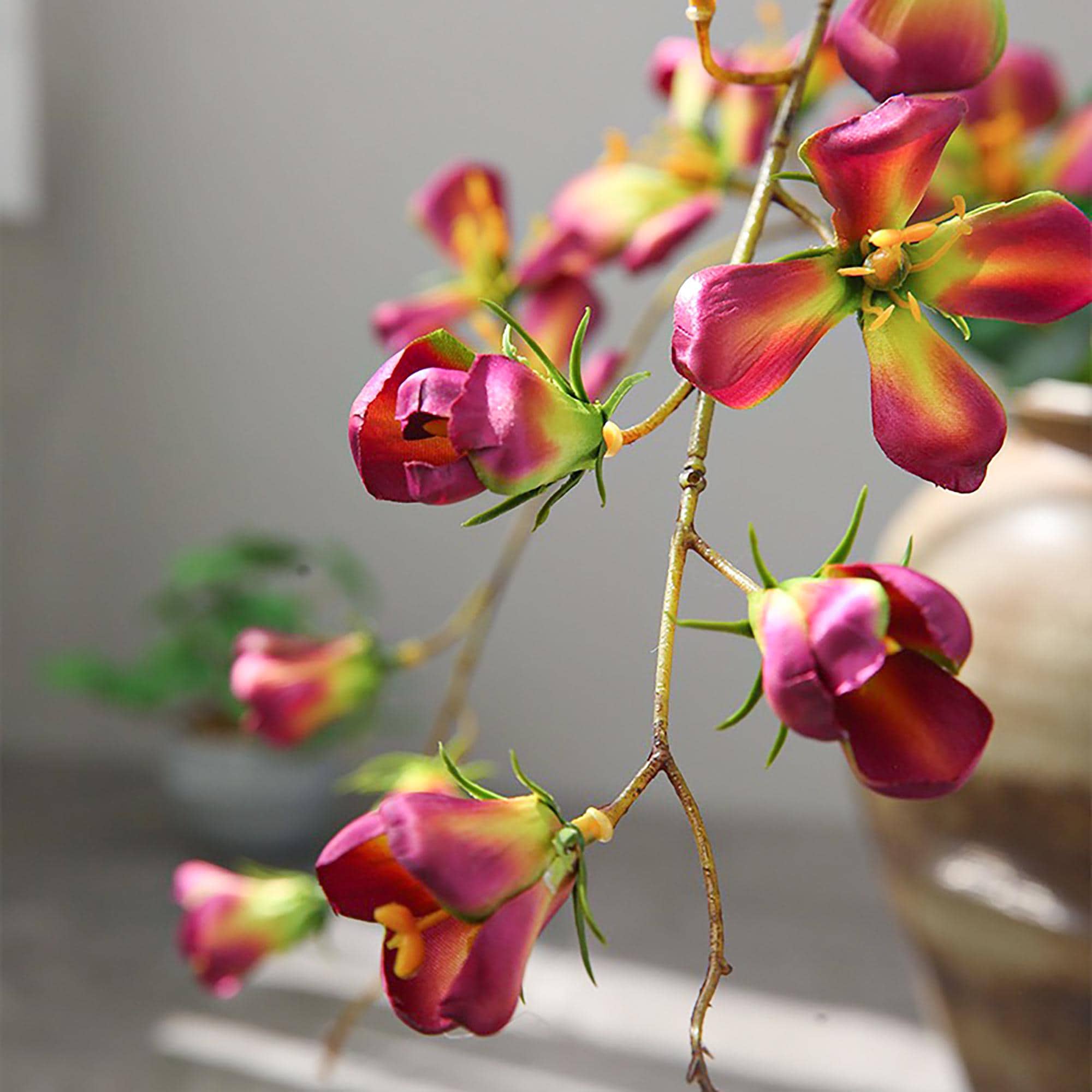 17" Faux Rose Red Long Stem Flowering Branch, Artificial Silk Blossom Branch for Vase Styling, Sculptural Statement Floral Home Decor