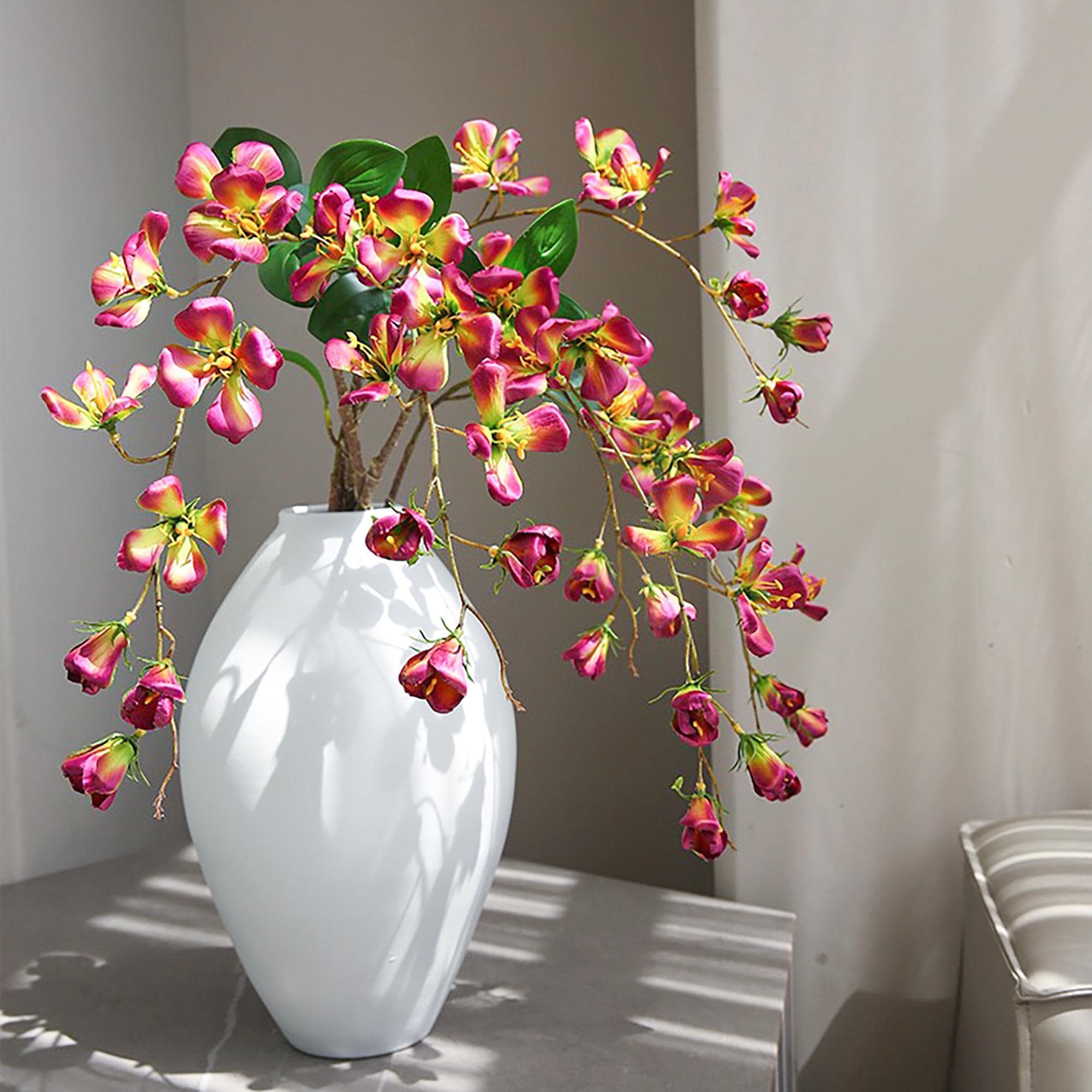 17" Faux Rose Red Long Stem Flowering Branch, Artificial Silk Blossom Branch for Vase Styling, Sculptural Statement Floral Home Decor