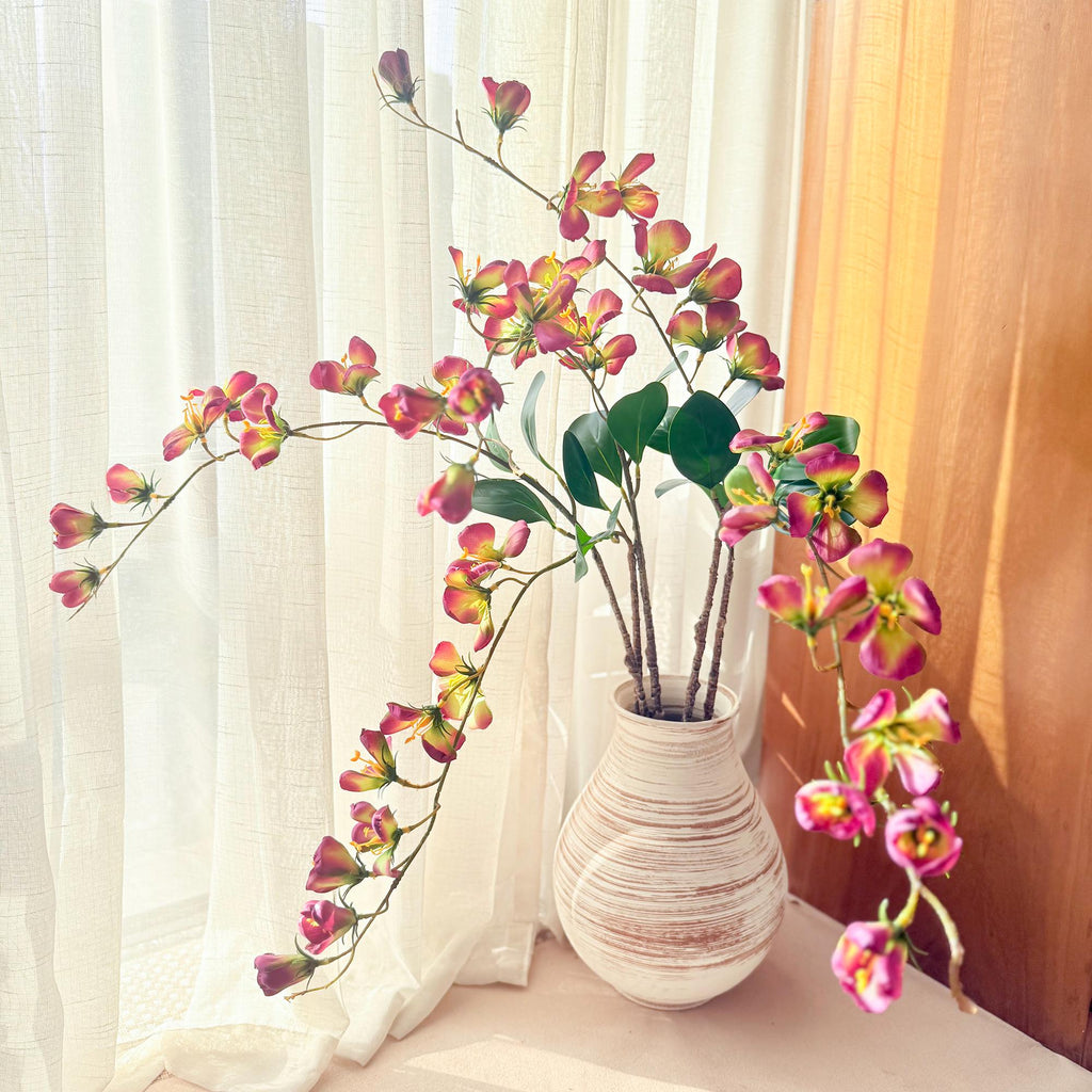 17" Faux Rose Red Long Stem Flowering Branch, Artificial Silk Blossom Branch for Vase Styling, Sculptural Statement Floral Home Decor