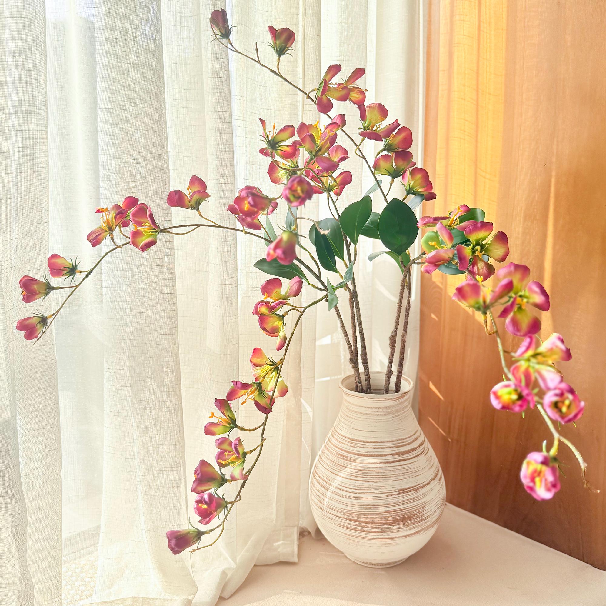 17" Faux White Long Stem Flowering Branch, Artificial Silk Blossom for Vase Styling, Sculptural Minimalist Home Decor for Wedding & Events