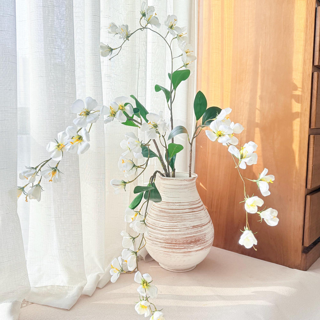 17" Faux White Long Stem Flowering Branch, Artificial Silk Blossom for Vase Styling, Sculptural Minimalist Home Decor for Wedding & Events