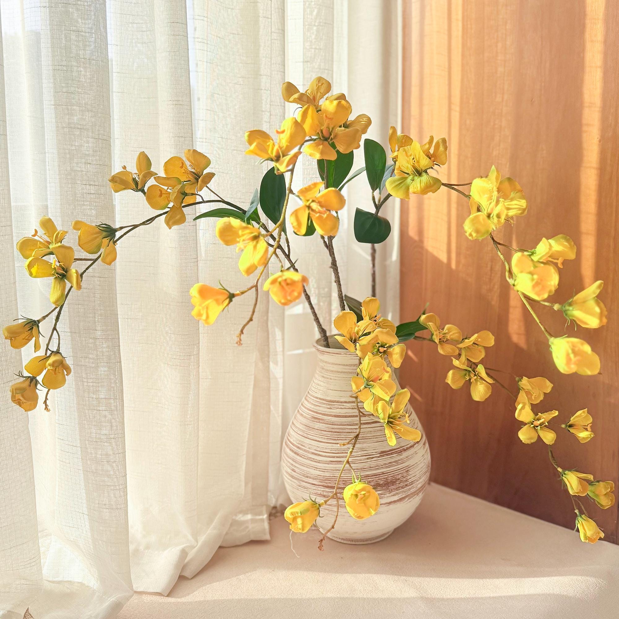 17" Faux White Long Stem Flowering Branch, Artificial Silk Blossom for Vase Styling, Sculptural Minimalist Home Decor for Wedding & Events